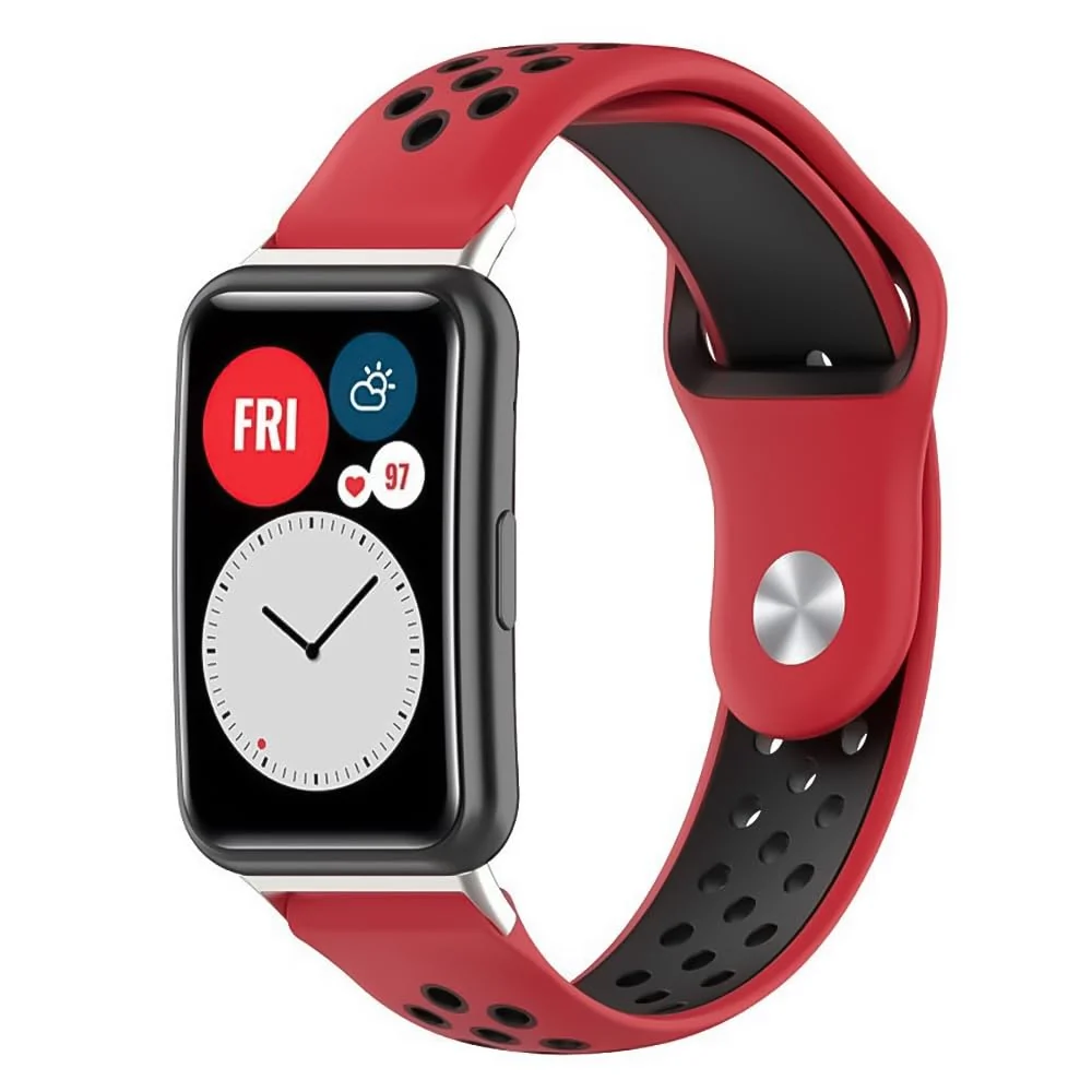 DL3 Mobilak Sport Strap Compatible with Huawei Watch Fit & Huawei Watch Fit New & Huawei Watch Fit Elegant, Breathable Silicone Double Hole Snap Buckle Band - Red & Black
