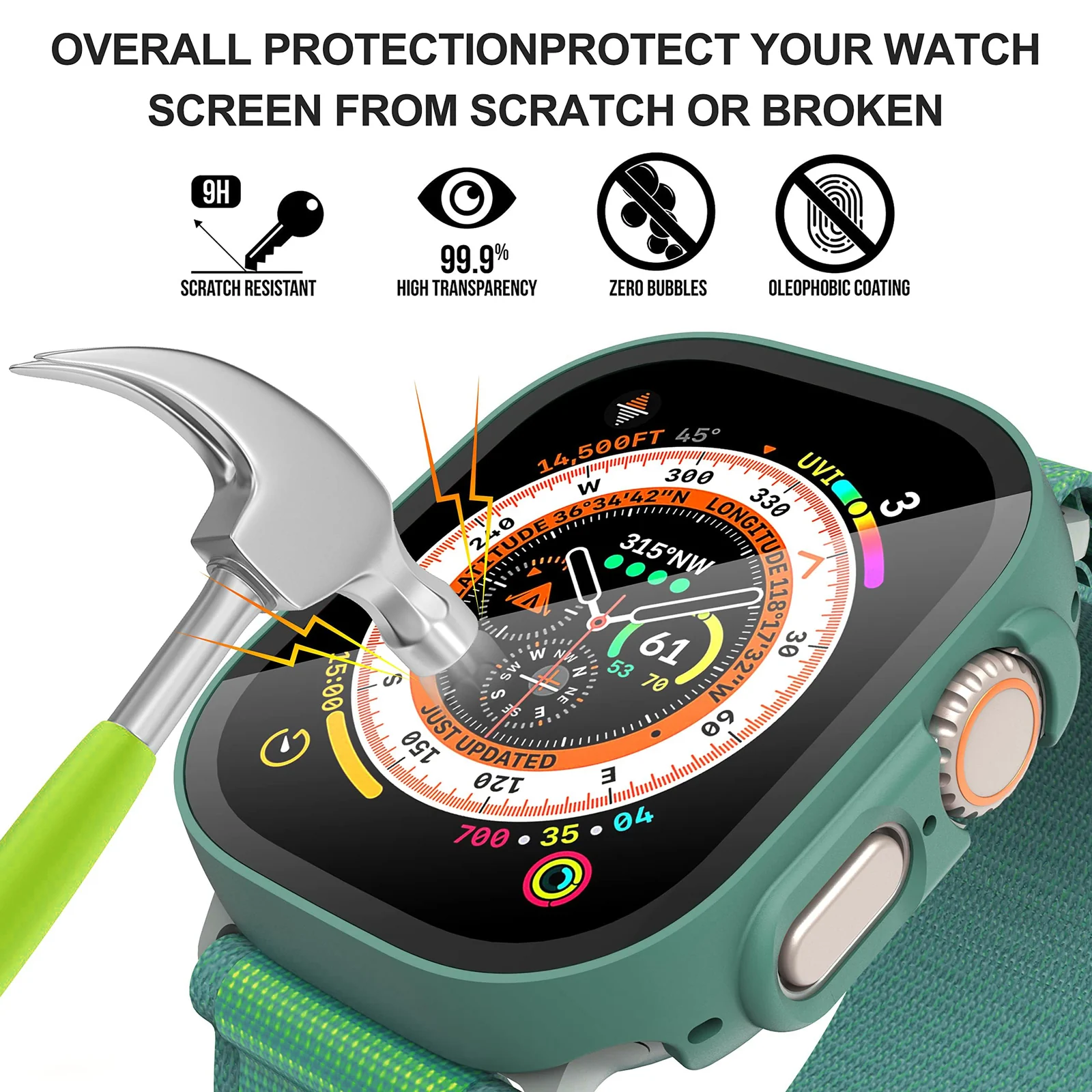 DL3 Mobilak Hard Case Designed for Apple Watch Ultra 2 (2023) / Ultra 1 49mm, Built-in 9H [HD Clear] Tempered Glass Screen Protector, [Full Protection] Slim Cover for iWatch 49mm - Green