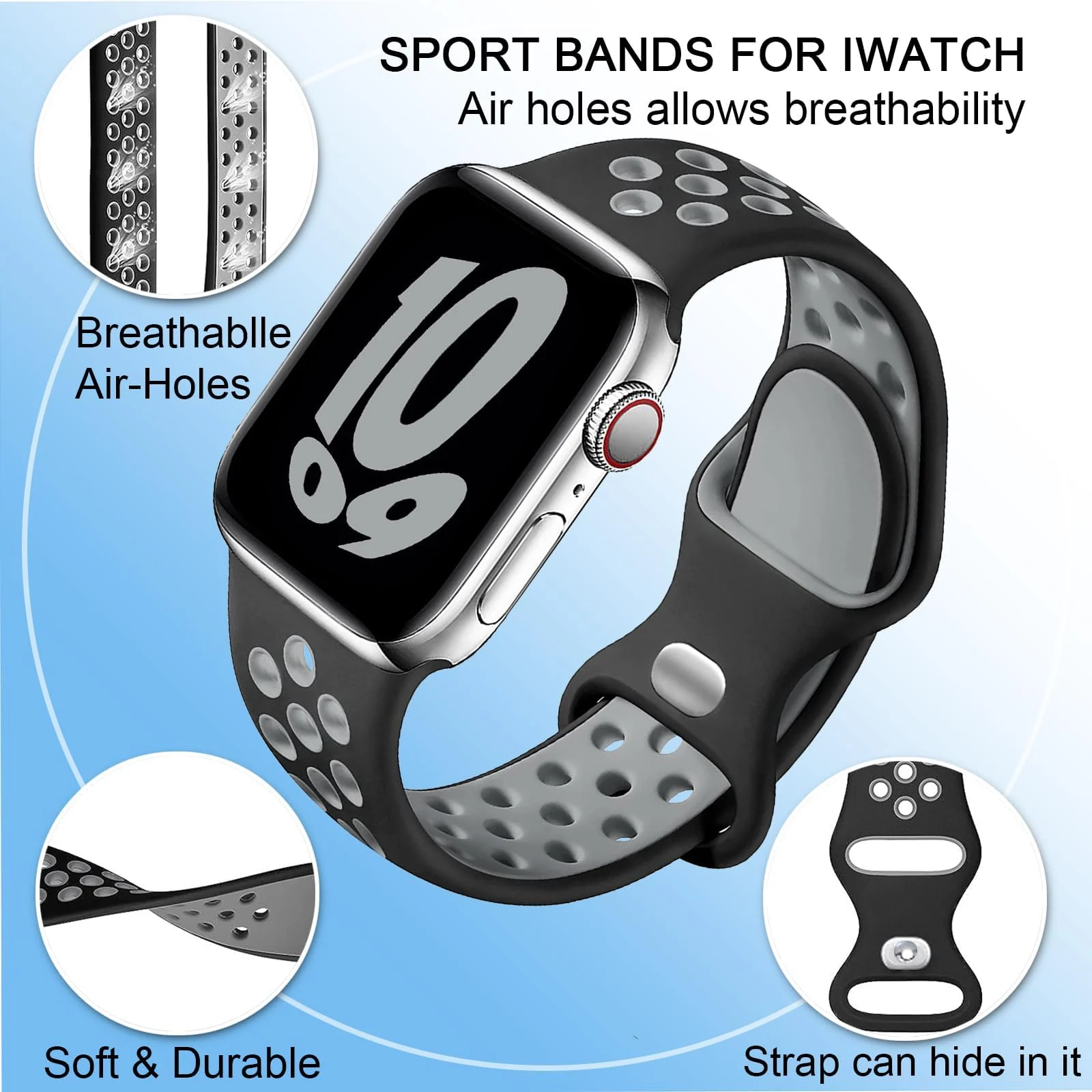 DL3 Mobilak Sport Strap For Apple Watch 49mm 45mm 44mm 42mm 41mm 40mm 38mm, Breathable Silicone Double Hole Band, for iWatch Ultra 2 Series 9 8 7 6 5 4 3 SE (&, 42mm/44mm/45mm/49mm) - Black & Grey