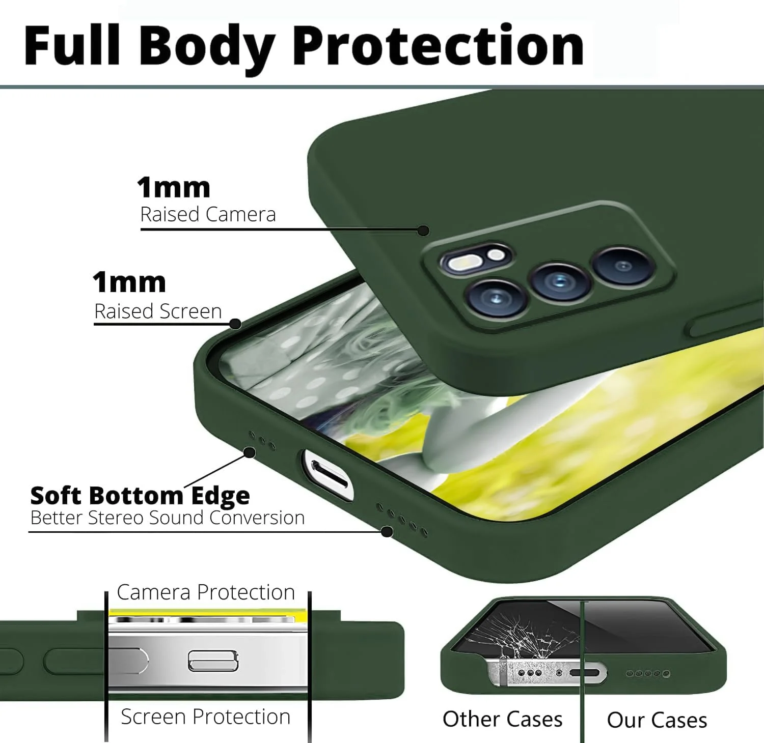 DL3 Mobilak Liquid Silicone Protective Case with Soft Microfiber Lining with Full Camera Protection for OPPO Reno 6 5G - Green