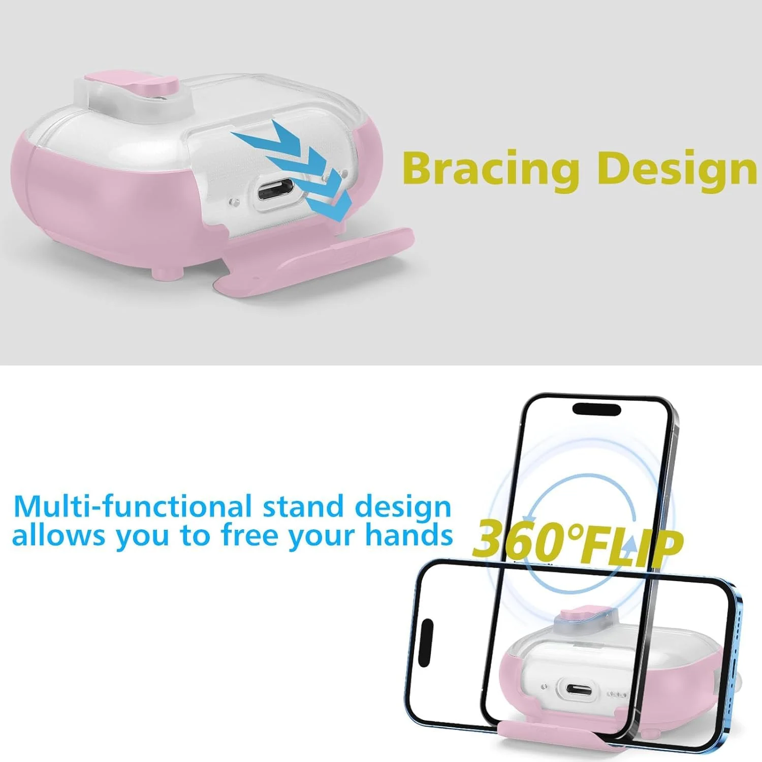 MOBIGON Locking Protective Case with Carabiner for AirPods Pro 1 / 2, Clear / Pink