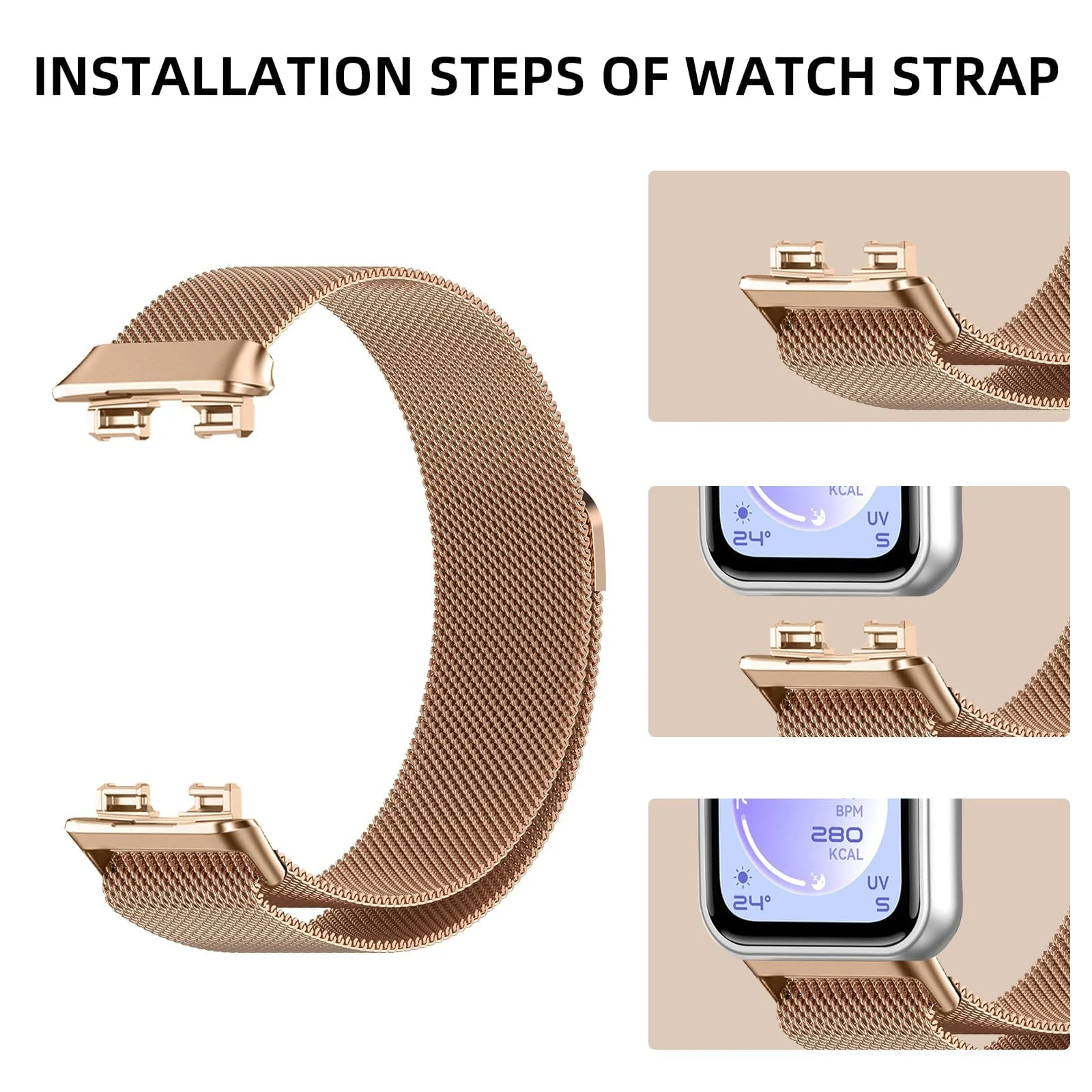 MOBIGON Magnetic Stainless Steel Watch Strap for Huawei Band 11 / 11 Pro, Rose Gold