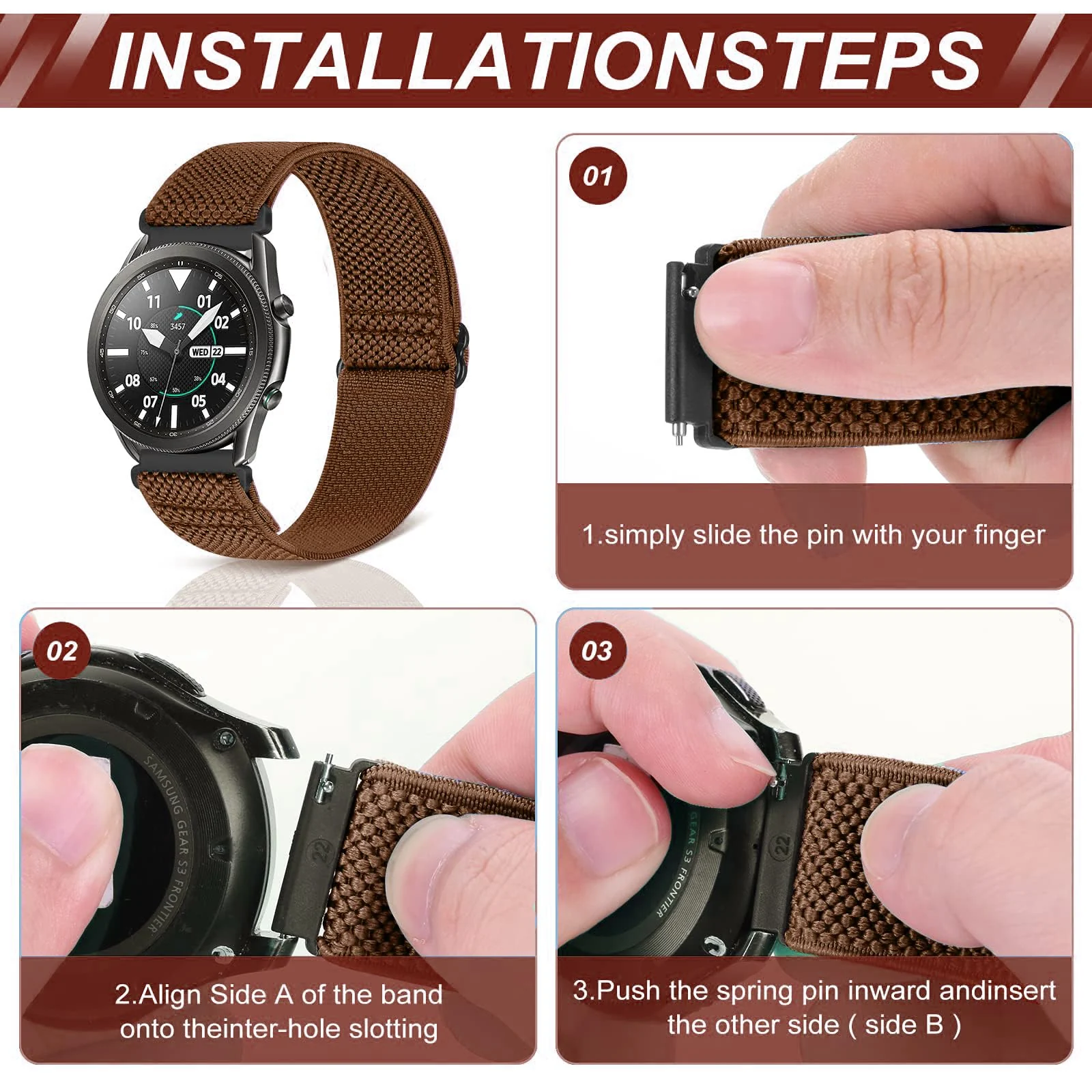 DL3 Mobilak Strap Nylon Loop 22MM Band For Xiaomi Redmi Watch 5 Active/5 Lite/Samsung Galaxy Watch 3 45mm/Watch 46mm/Gear S3/For Huawei watch GT5 GT4 GT3 GT2 GT 46MM/GT2E/GT2 Pro/GT 3 Pro/GT5 Pro - Brown