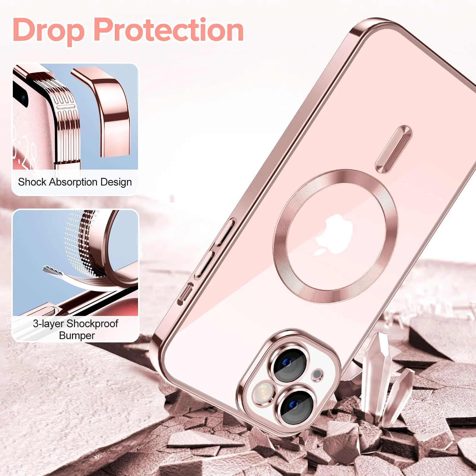 DL3 Mobilak Plated-Edge Protective Case for iPhone 15 6.1-Inch, Compatible with MagSafe accessories, Supports wireless charging, Camera protection - Rose Gold