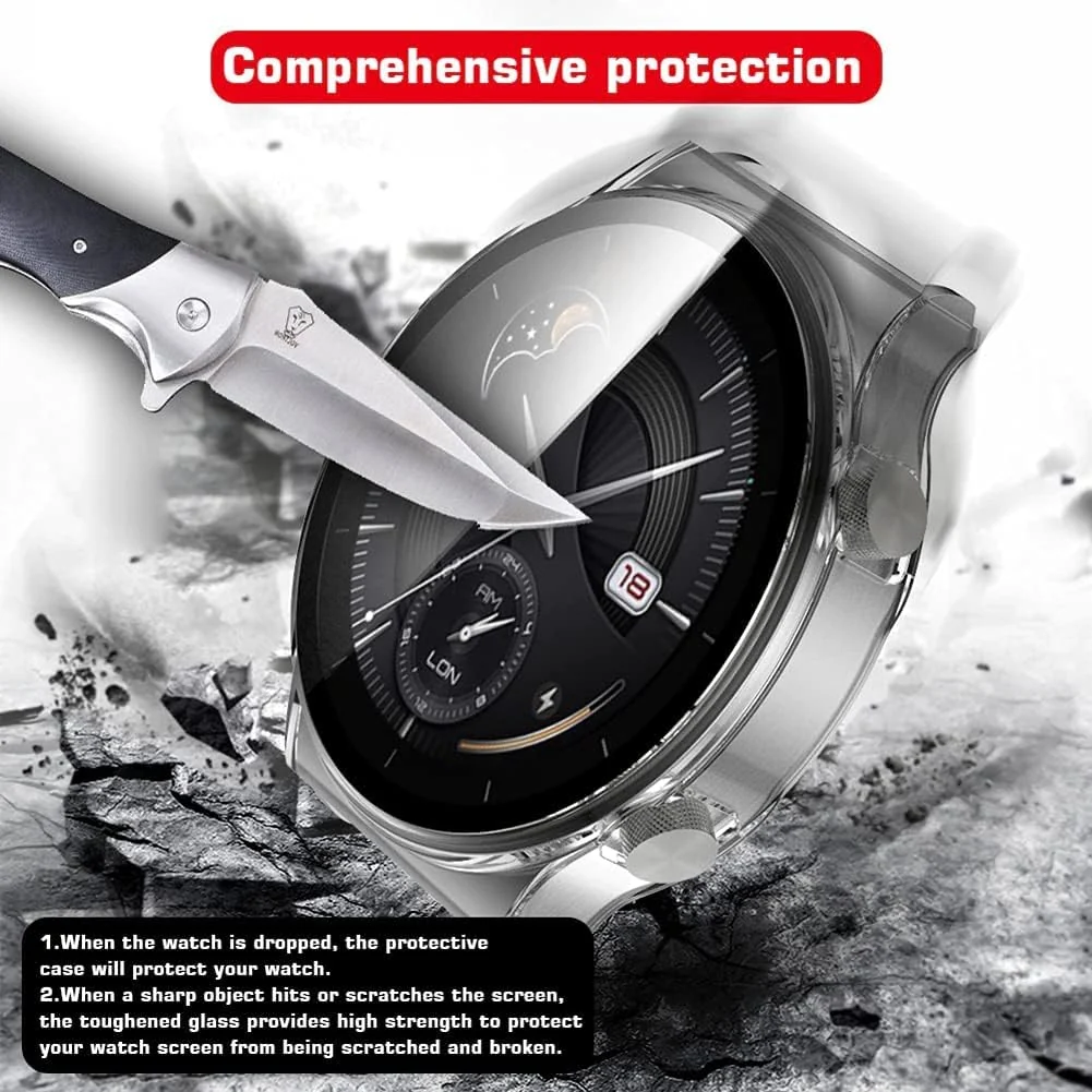DL3 Mobilak Protective Case Compatible with Huawei Watch GT 2e 9H Hardness PC Case Bumper Full Slim Protective Cover with Tempered Glass For Huawei GT2e - Clear