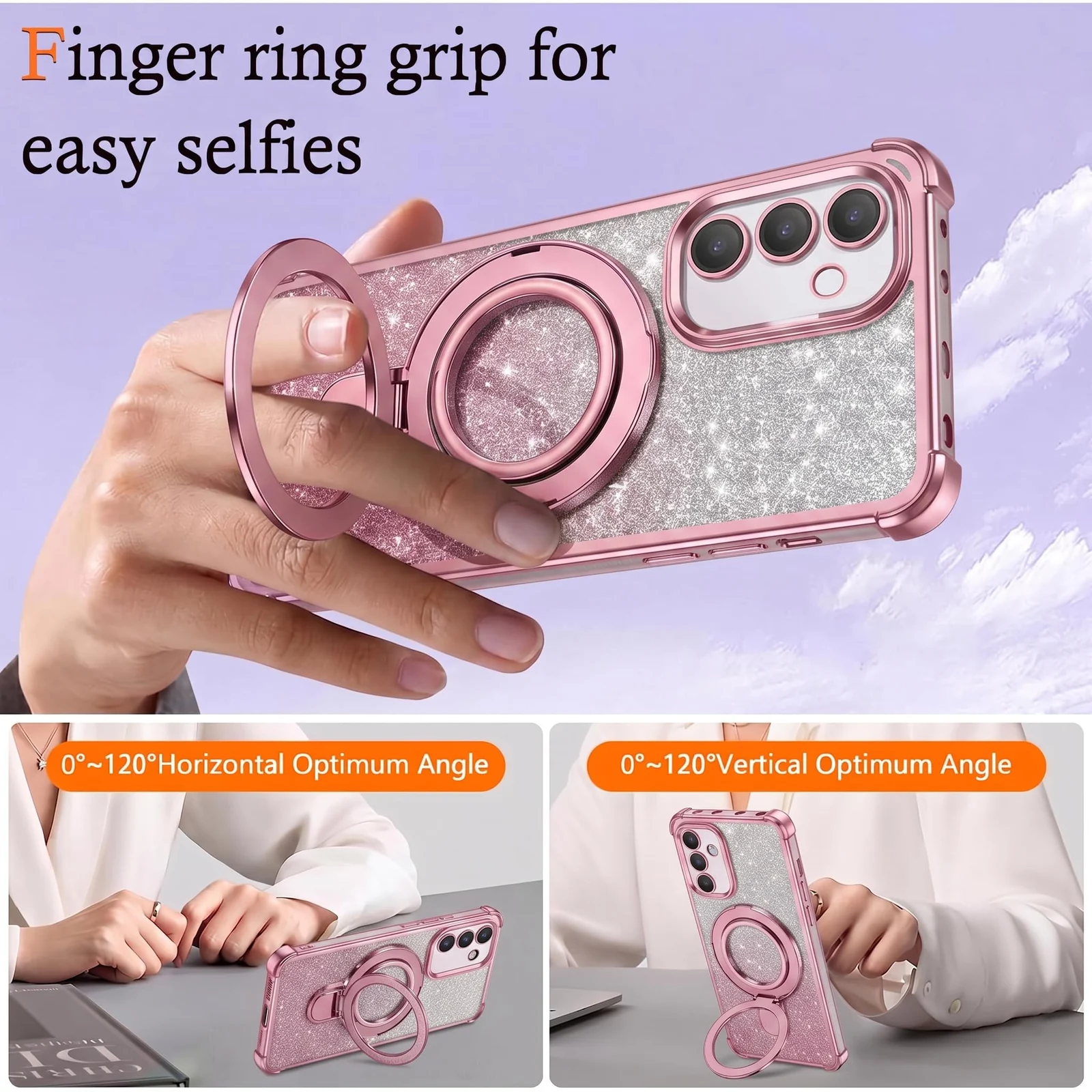 Mobigon Glitter Phone Case Compatible with OPPO A15 / OPPO A15S, Magnetic Ring Stand Shockproof Cover, Clear Soft TPU Bumper with Full Camera Protection - Pink