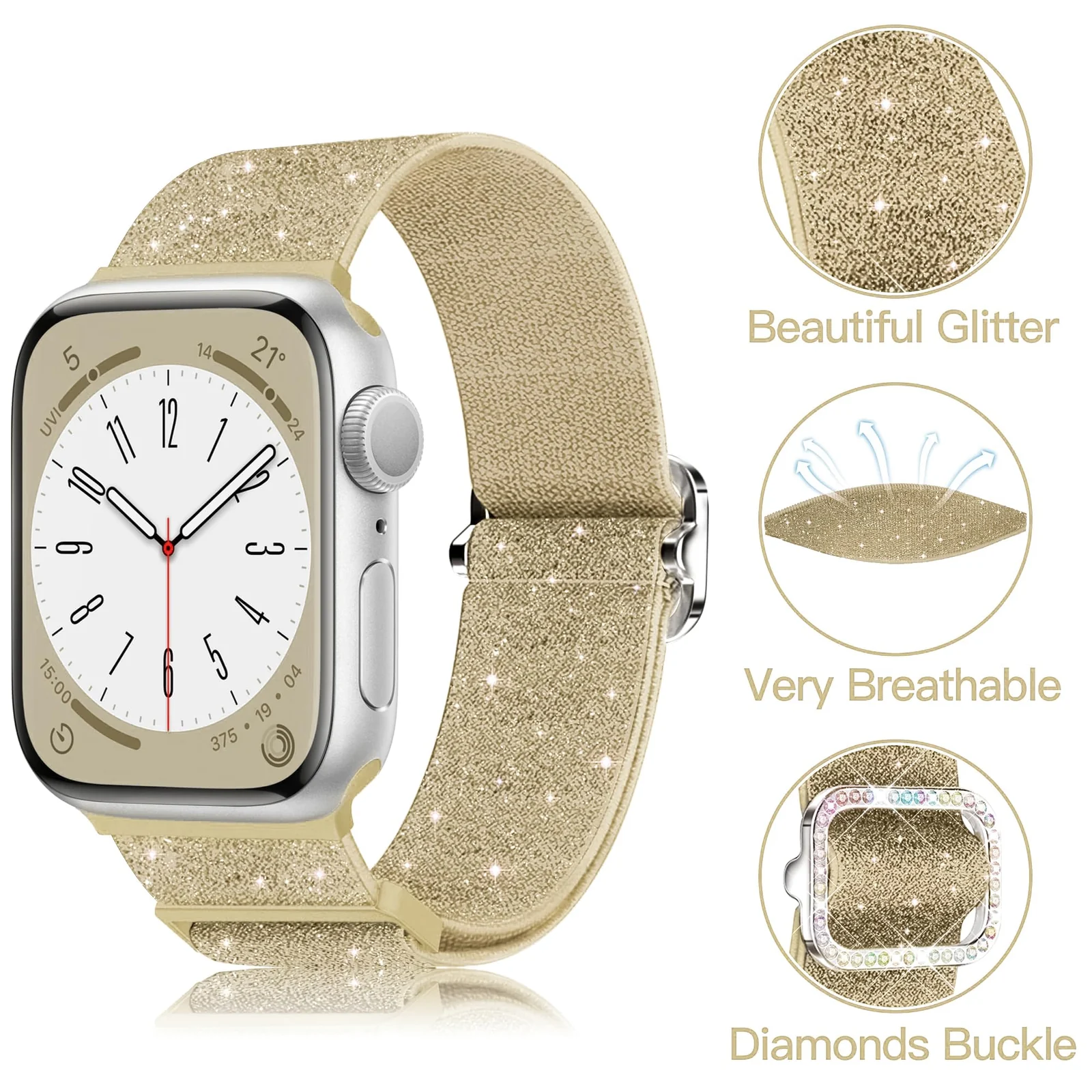 DL3 Mobilak Stretchy Bling Band For Apple Watch 49mm 46mm 45mm 44mm 42mm Women, Nylon Sparkly Strap Solo Loop Glitter Wristband for iWatch Series 11 10 9 8 7 6 5 4 SE3 SE2 SE Ultra 3 2 1 - Gold