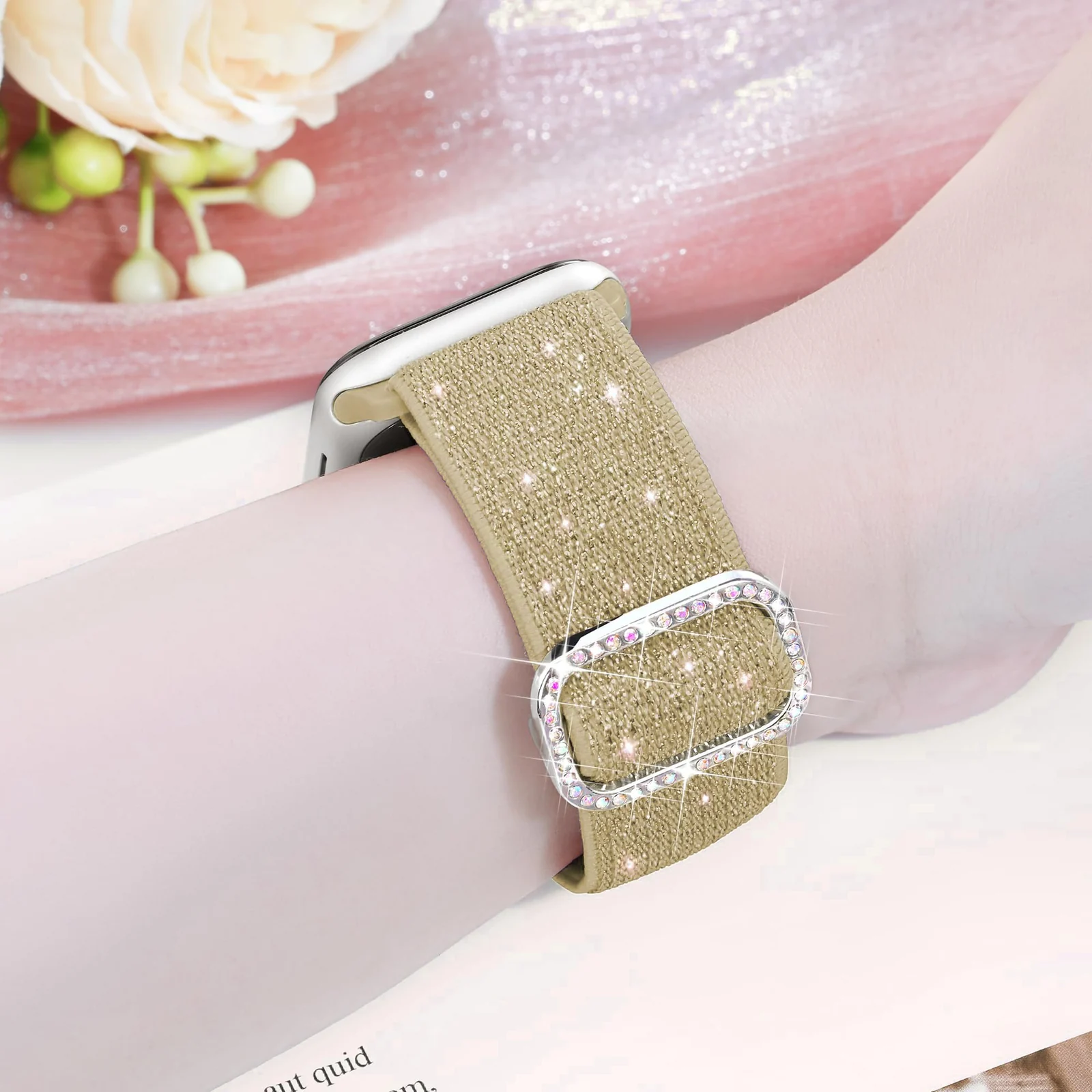 DL3 Mobilak Stretchy Bling Band For Apple Watch 49mm 46mm 45mm 44mm 42mm Women, Nylon Sparkly Strap Solo Loop Glitter Wristband for iWatch Series 11 10 9 8 7 6 5 4 SE3 SE2 SE Ultra 3 2 1 - Gold