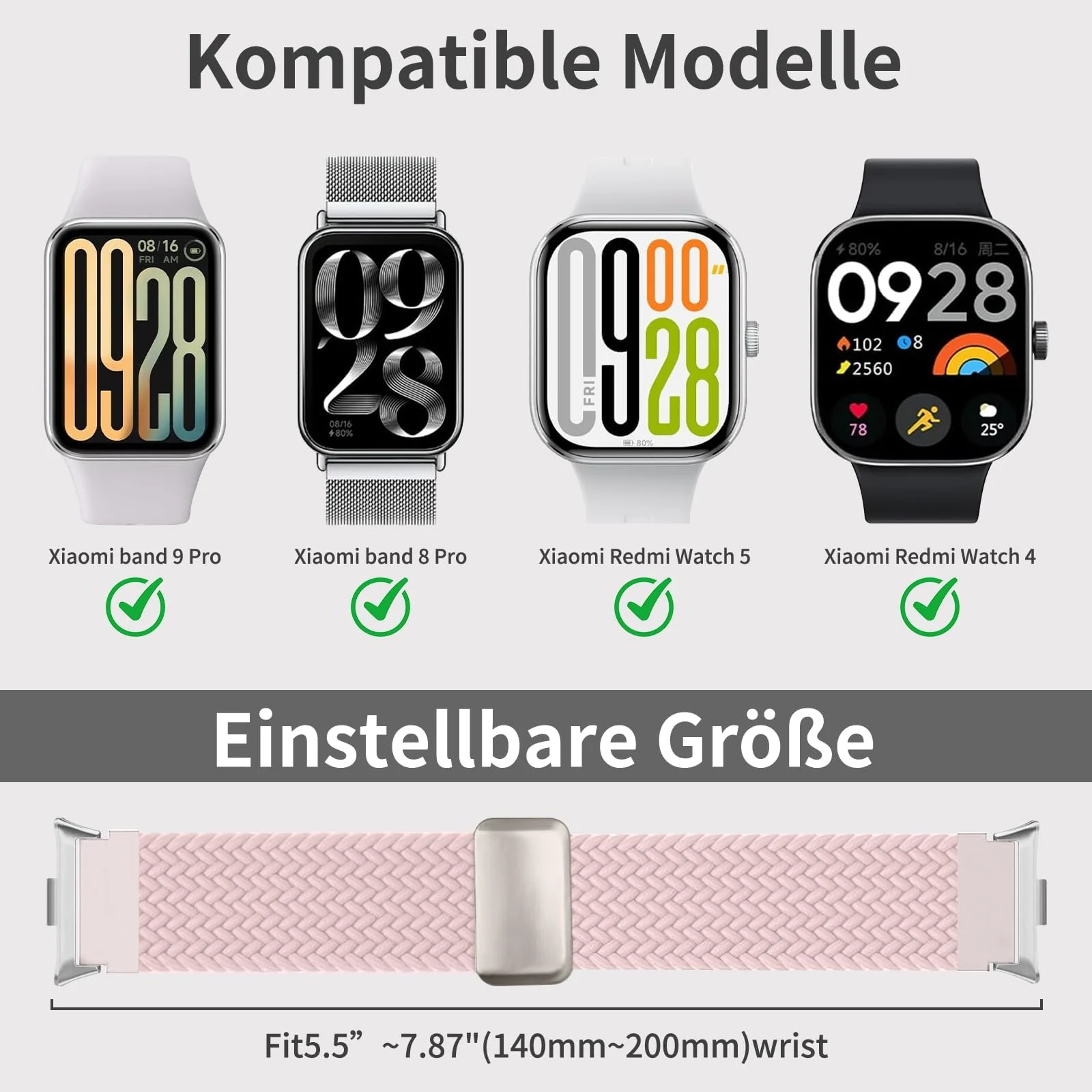 DL3 Mobilak Braided Bracelet Compatible with Redmi Watch 4/5 / 6 / Xiaomi Smart Band 8 Pro/Band 9 Pro, Nylon Magnetic Fabric Elastic Sport Nylon Replacement Strap for Men Women - Pink
