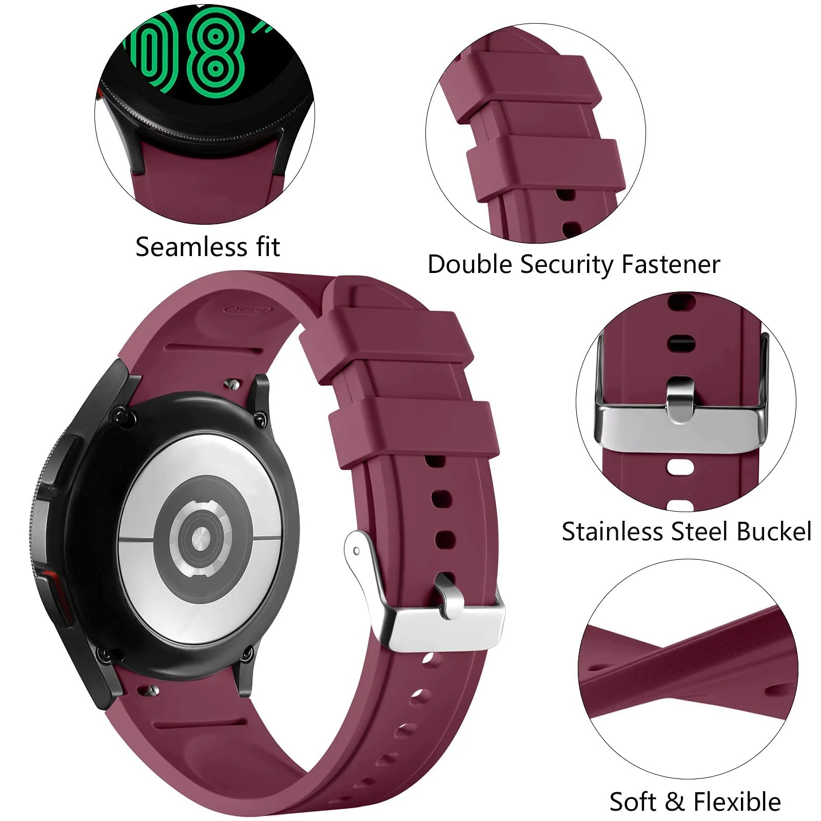 DL3 Mobilak No Gap Bands Compatible with Samsung Galaxy Watch 7 5 4 6 Band 44mm 40mm/Watch 5 Pro 45mm/Galaxy Watch 4 Classic 46mm 42mm Strap,20mm Quick Release Sport Replacement Bands for Women Men - Wine Red