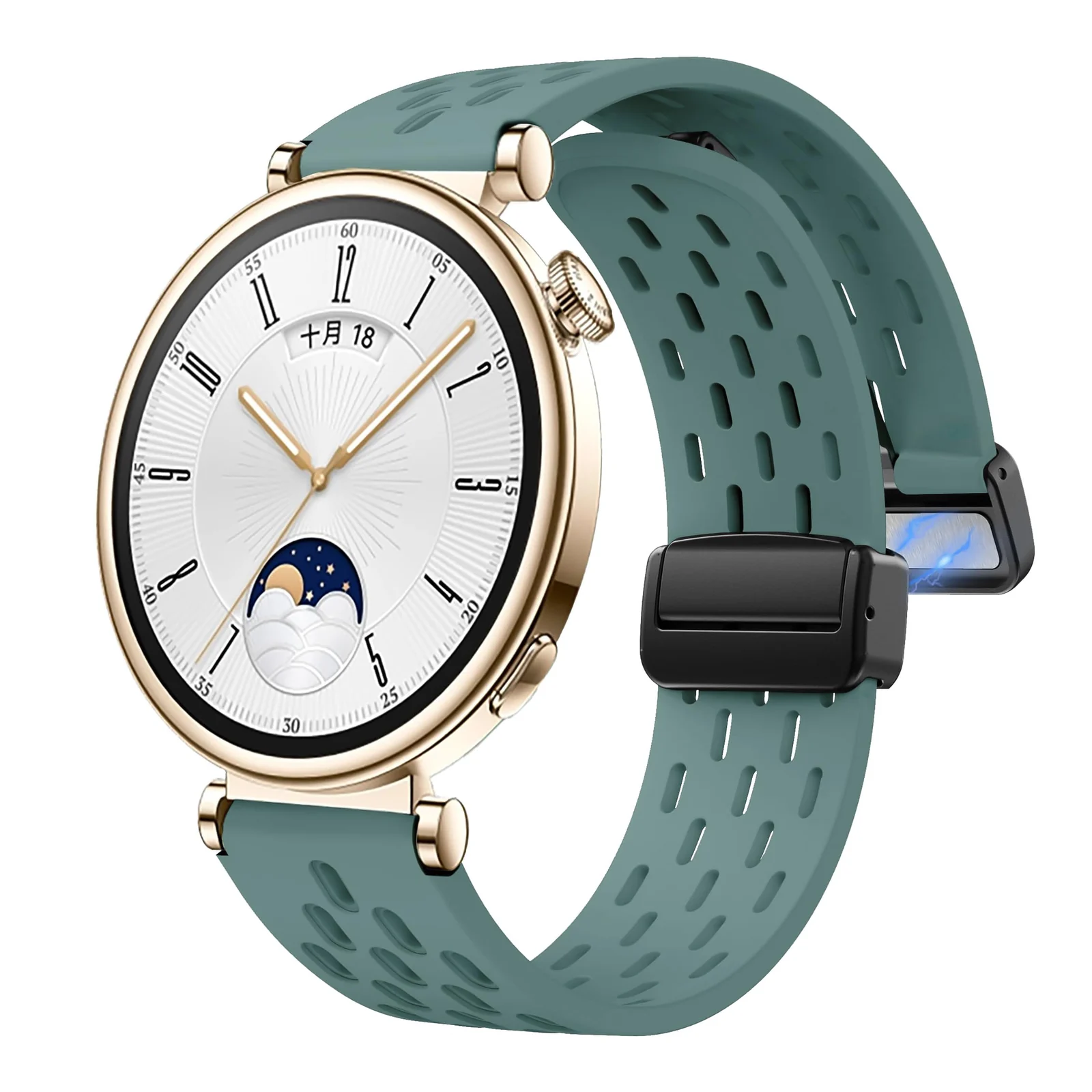 DL3 Mobilak 18mm Silicone Strap For Huawei Watch GT 6 41mm/GT 5 Pro 42 mm/GT 5 41mm/GT4 41 mm/Watch 5 42mm Magnetic Metal Buckle Sport Silicone Breathable Strap, Band Soft Replacment Wristband - Green