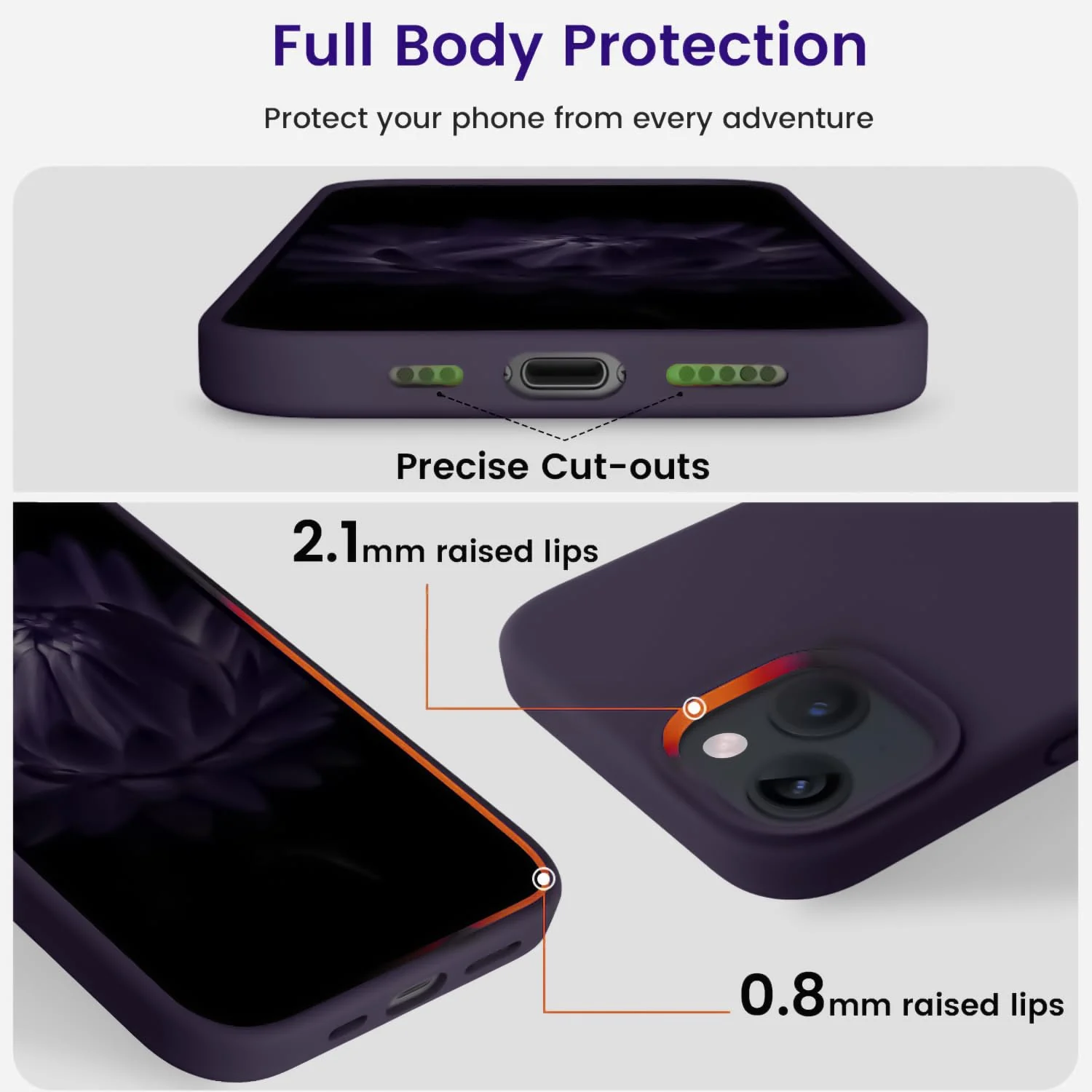 DL3 Mobilak Liquid Silicone Protective Case for iPhone 13 / iPhone 14 with Camera Protection and Microfiber Lining - Deep Purple
