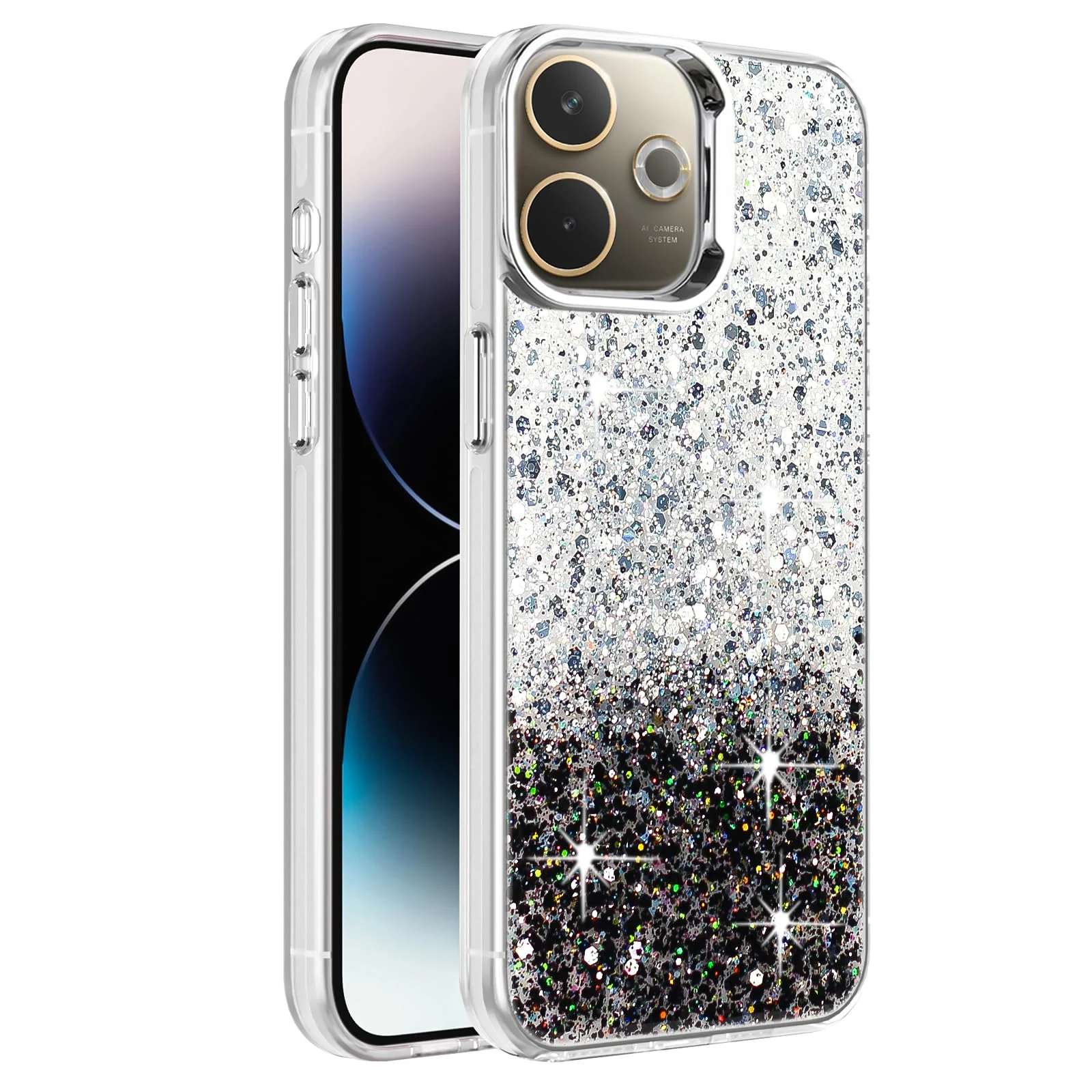 DL3 Mobilak Glitter Protective Case for OPPO A5 Pro 5G / 4G, Supports wireless charging, Camera protection, Shock-absorbing protection - White Black