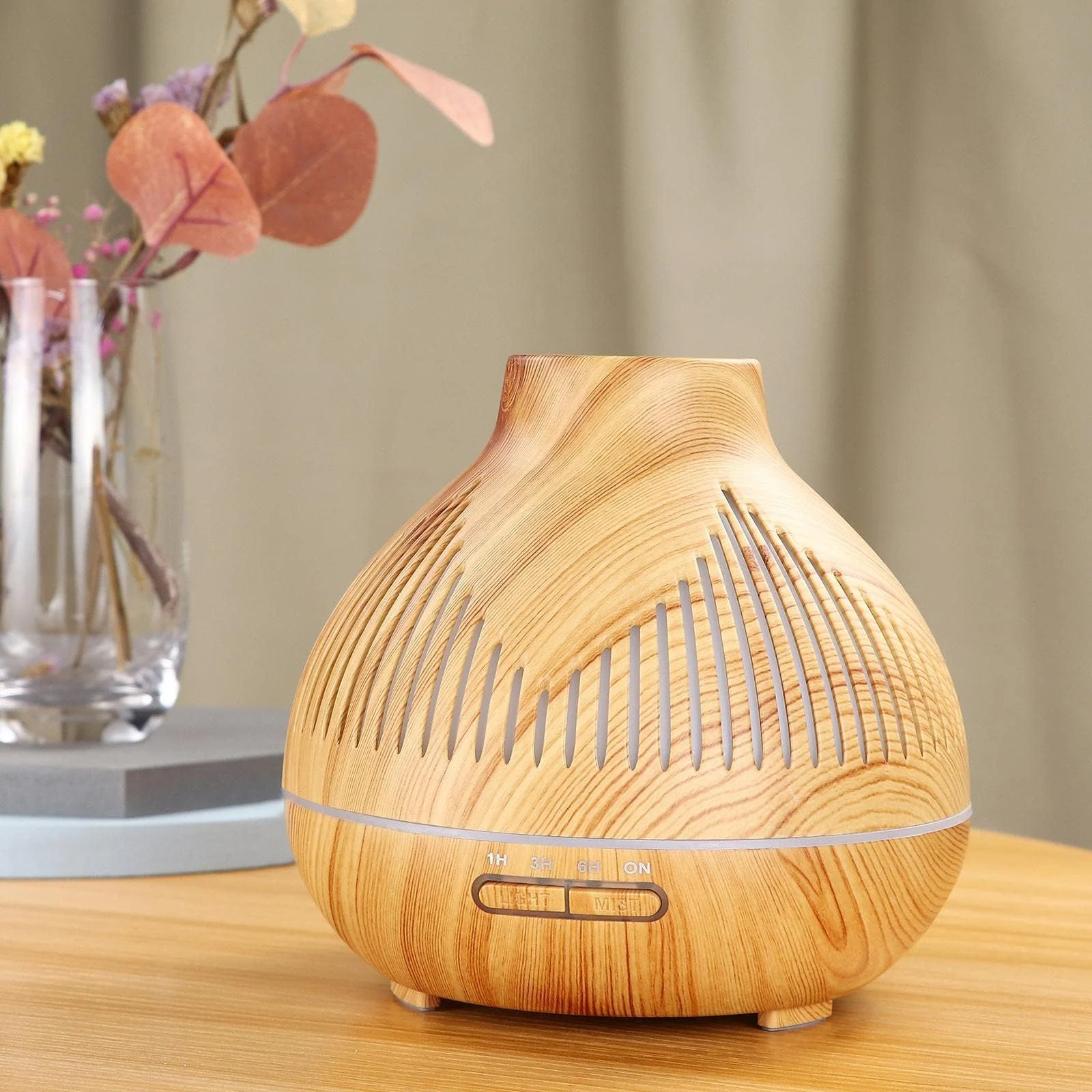 Mobigon Wood Cool Mist Ultrasonic Humidifier for Room Moisture, Aroma Diffuser for Home, 400ml Essential Oil Diffuser with 7 Colorful Night Light, Auto Shut-Off, Home, Office - B. Light Brown