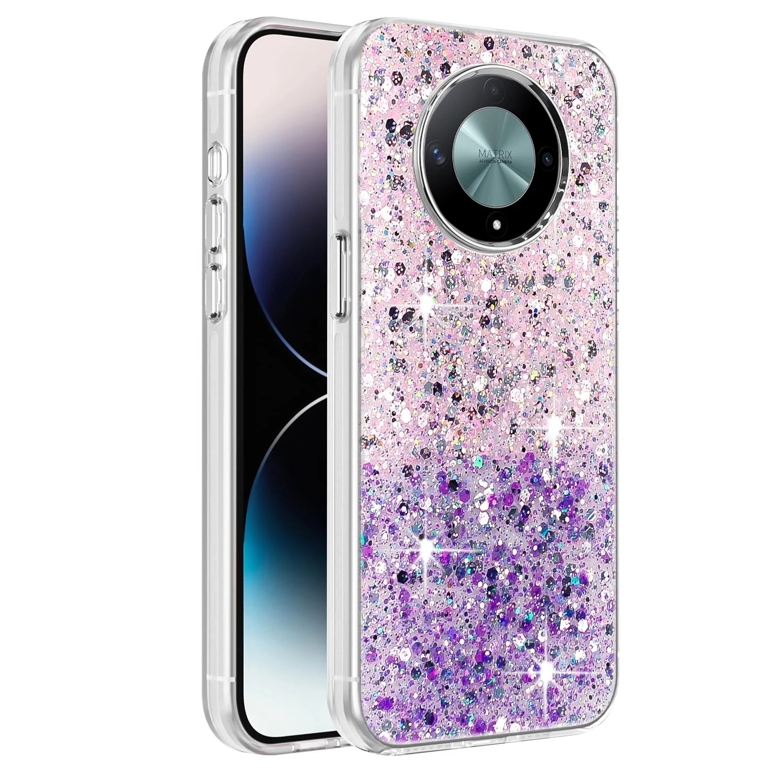 Dl3 Mobilak Compatible with Honor X9b/Honor Magic 6 Lite Case, Clear Glitter Bling Sparkly, Soft TPU Frame Bumper, Hard-Back Cover for Women & Girls, Transparent Protective Phone Case (Pink Purple)