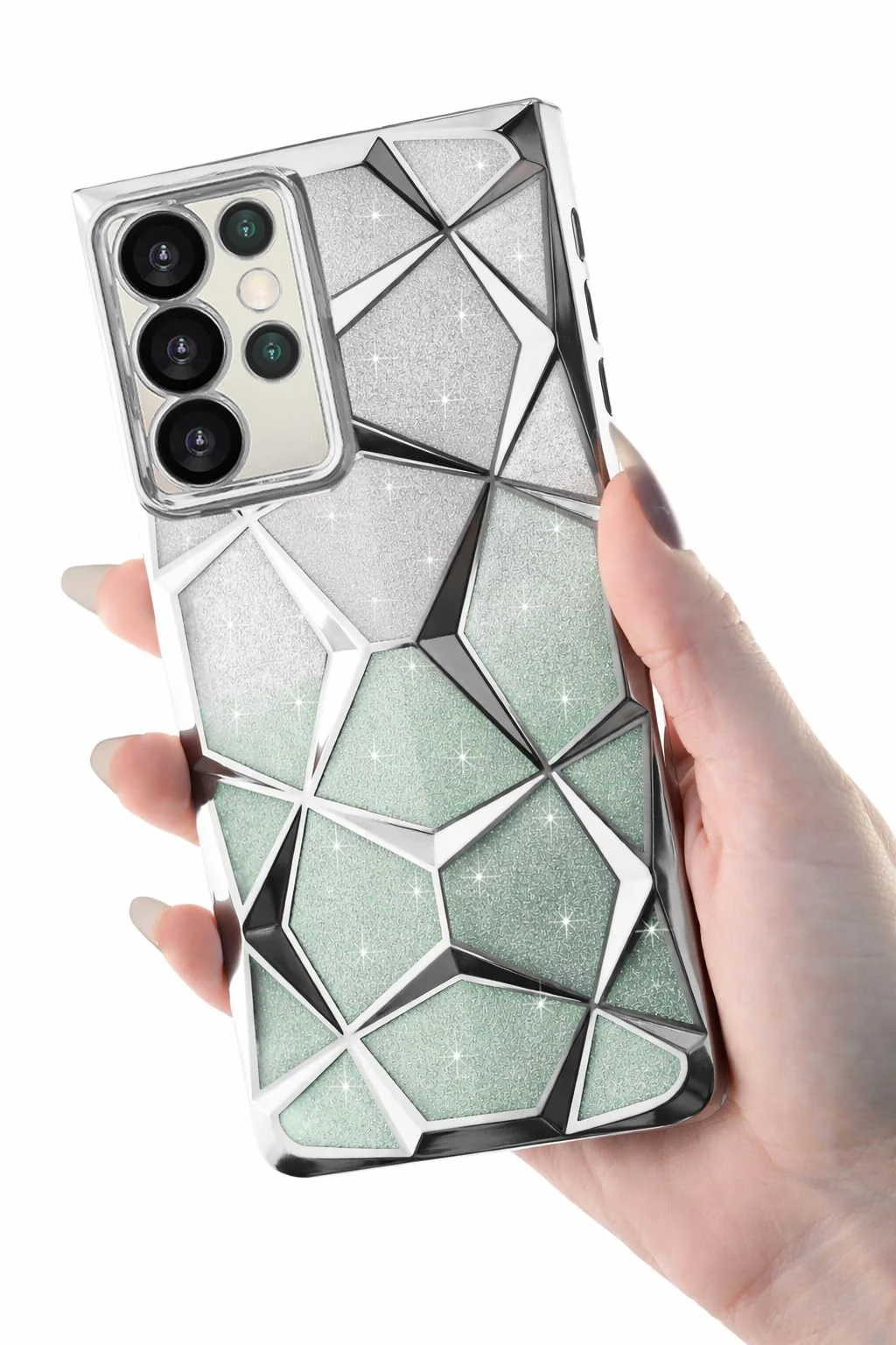 "DL3 Mobilak Compatible with Samsung Galaxy S23 Ultra (6.8"") Case Plating Bling Gradient Glitter Clear Cover Soft TPU Silicone Cute Camera Protection Shockproof Back for Women Girls Case - Silver Green"