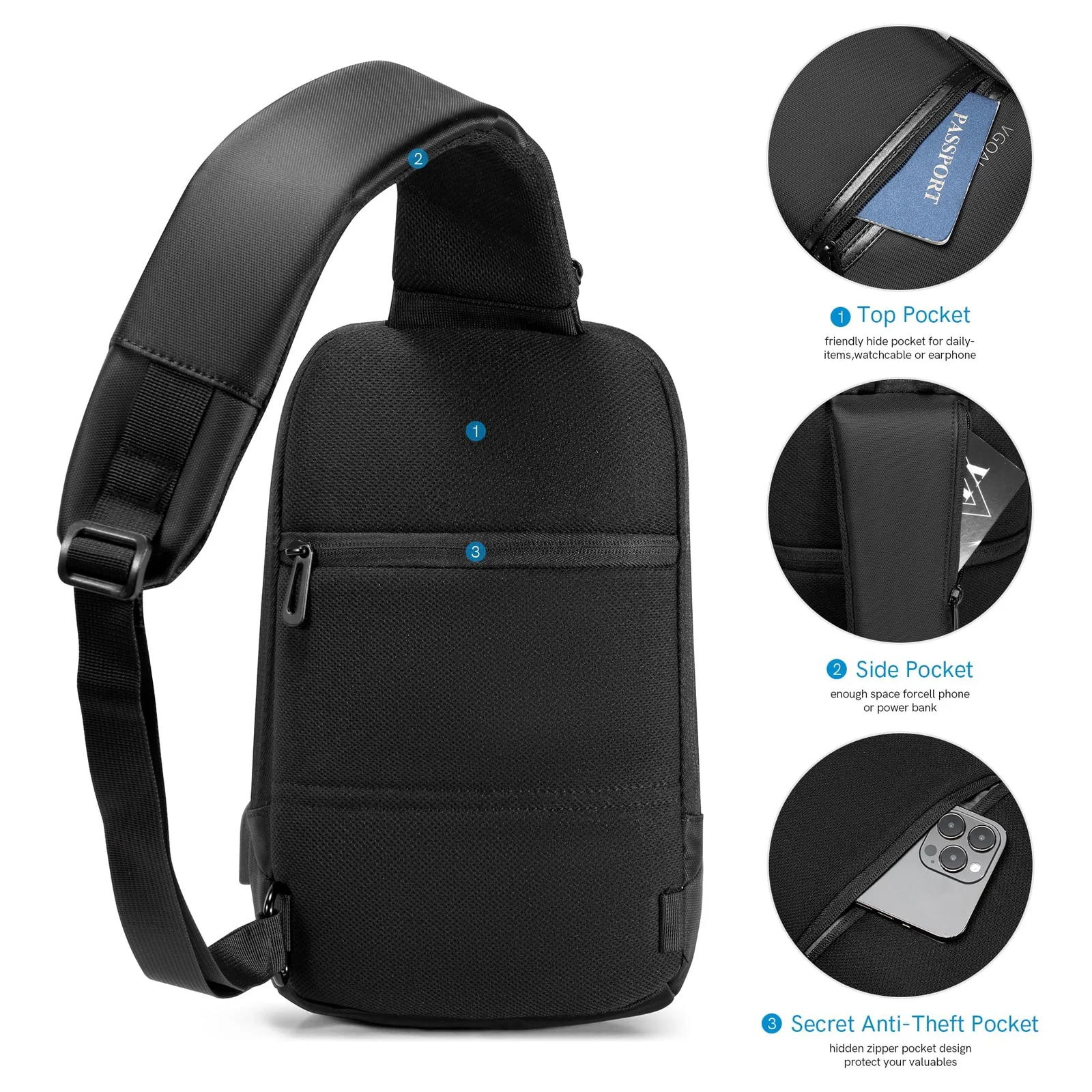 Mobigon Mini Sling Bag Hiking Daypack for Men with USB Port, Fits 9.7” iPad, Waterproof Little Crossbody Travel Shoulder Bag, Small Anti-Theft Backpack for Camping, Traveling, Commuting - Black