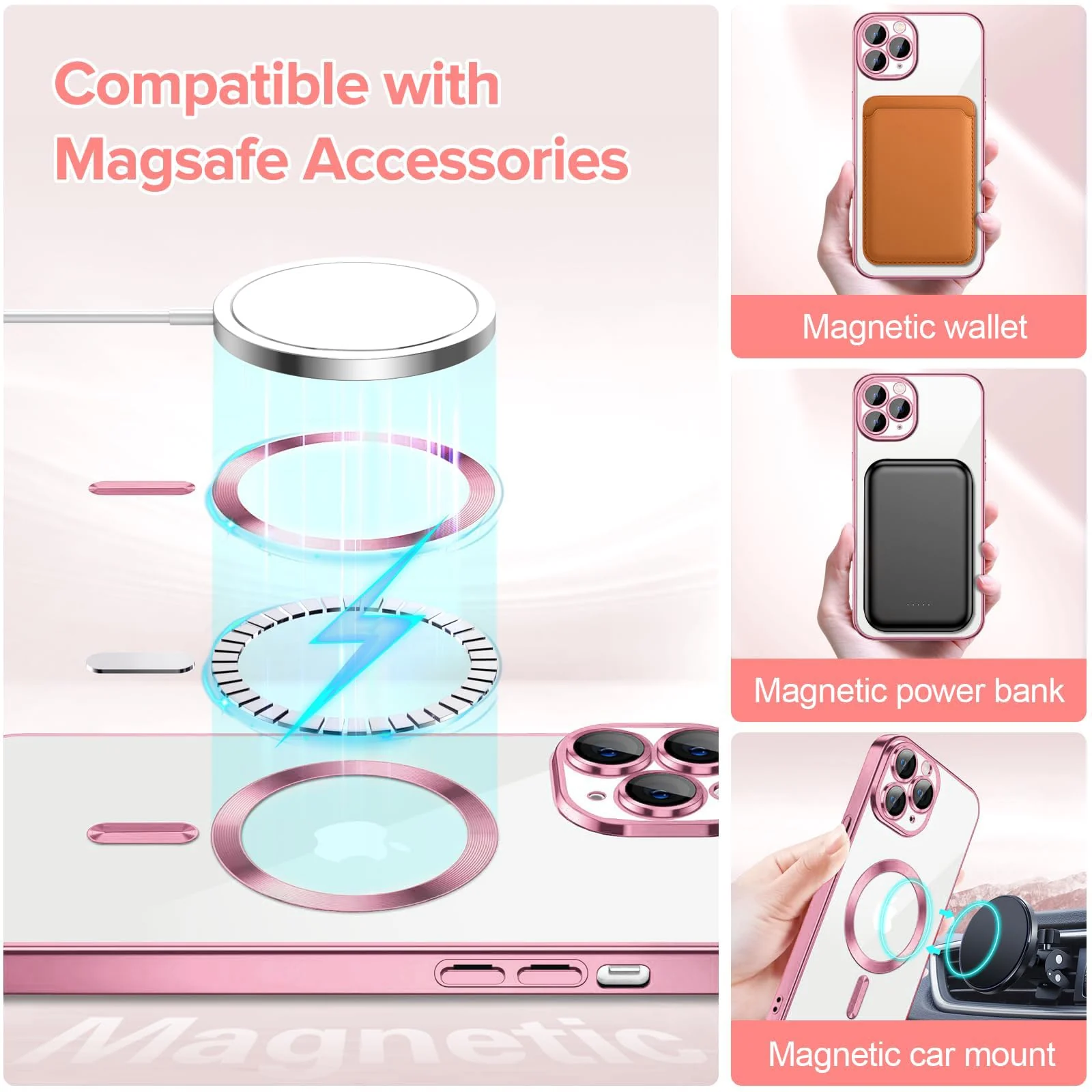 DL3 Mobilak Soft Clear Case for iPhone 11 Pro 5.8-Inch, Camera Lens Full Protection, Compatible with MagSafe Wireless Charging, Shockproof Electroplated TPU Phone Cover - Pink
