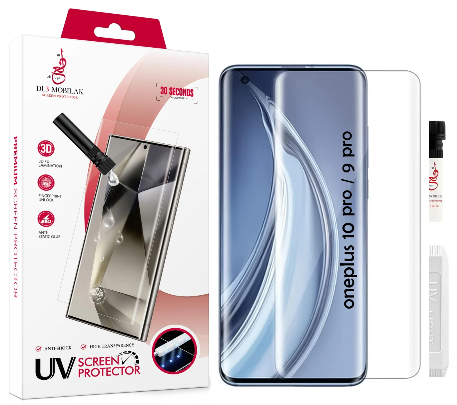 DL3 Mobilak Screen Protector OnePlus 10 Pro/OnePlus 9 Pro [Liquid UV Tempered Glass] Full Screen adhesive [Sensitive Touch][Fingerprint Sensor Compatible] HD - Clear