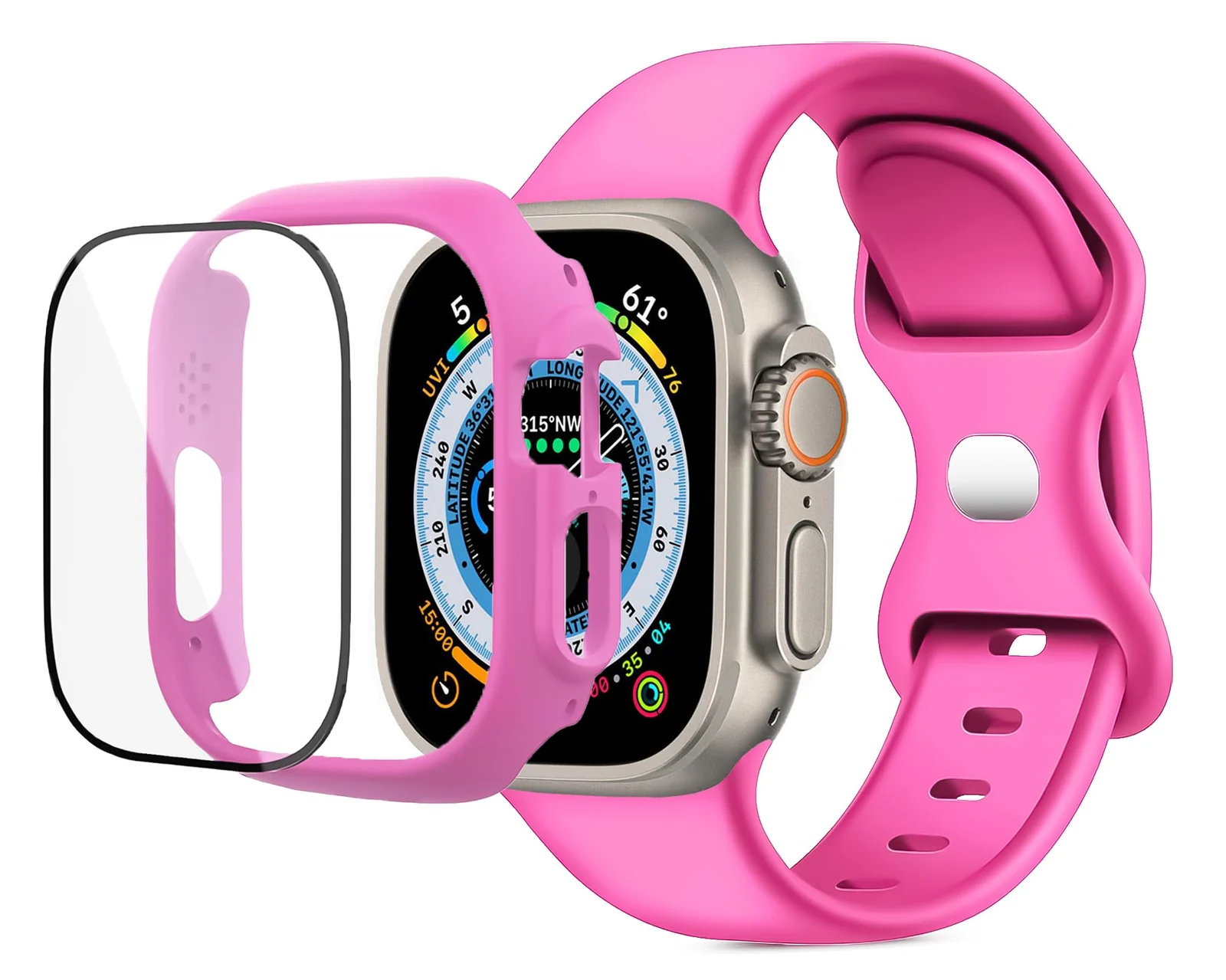 DL3 Mobilak Band with Case For Apple Watch Ultra/Ultra 2 49mm, Adjustable Silicone Sport Wristband Replacement, Strap With Cover Built-in Glass Screen Protector for iWatch Ultra 49 mm - Hot Pink