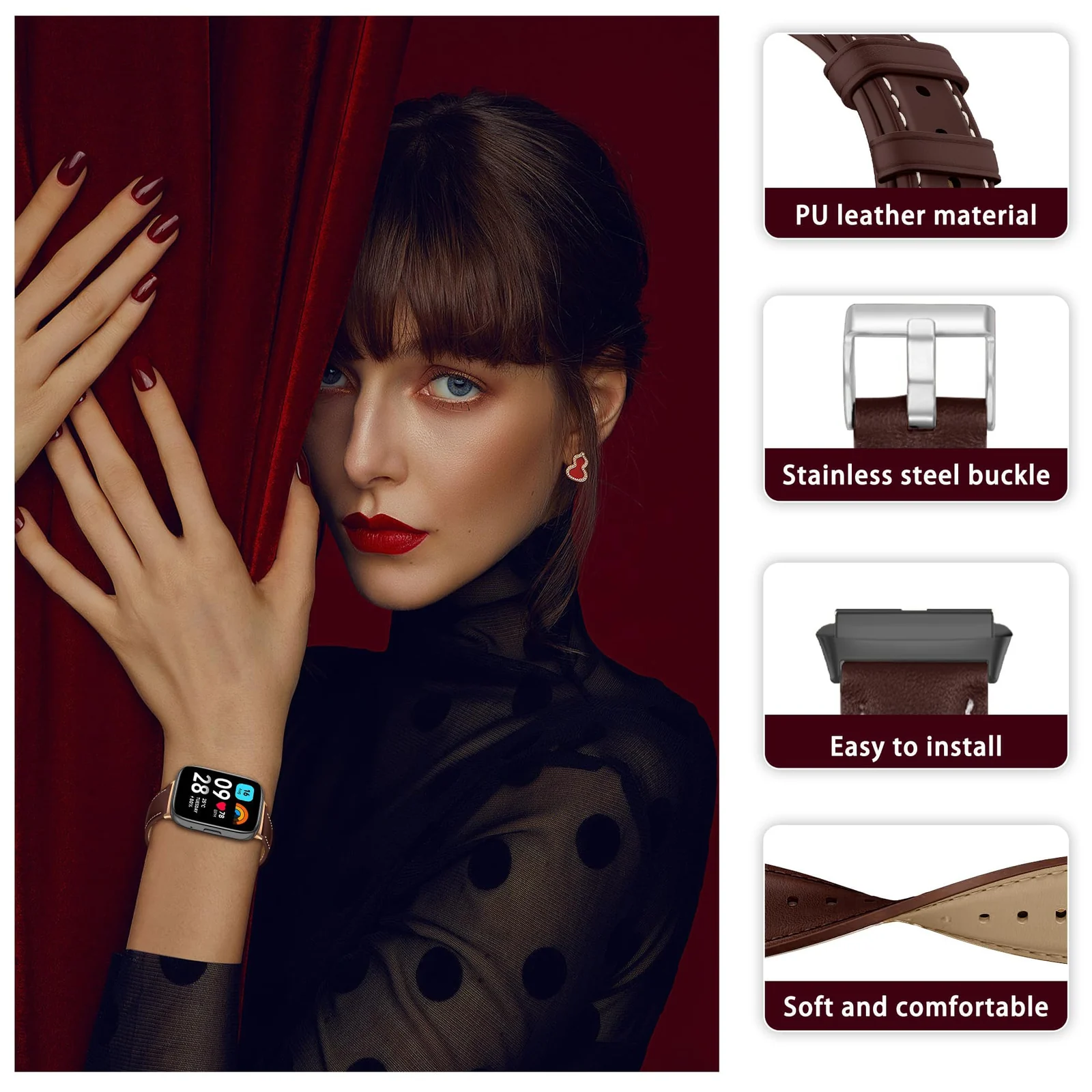 DL3 Mobilak Vintage Leather Strap For Xiaomi Redmi Watch 2 Lite/Poco Watch/Redmi Watch 2 / Horloge 2, Metal Buckle Breathable Replacement Strap, Men Women Replacement Soft Watch Straps - Wine Red