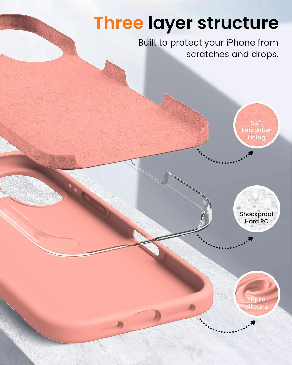 DL3 Mobilak Liquid Silicone Protective Case with Soft Microfiber Lining for iPhone 16 - Salmon