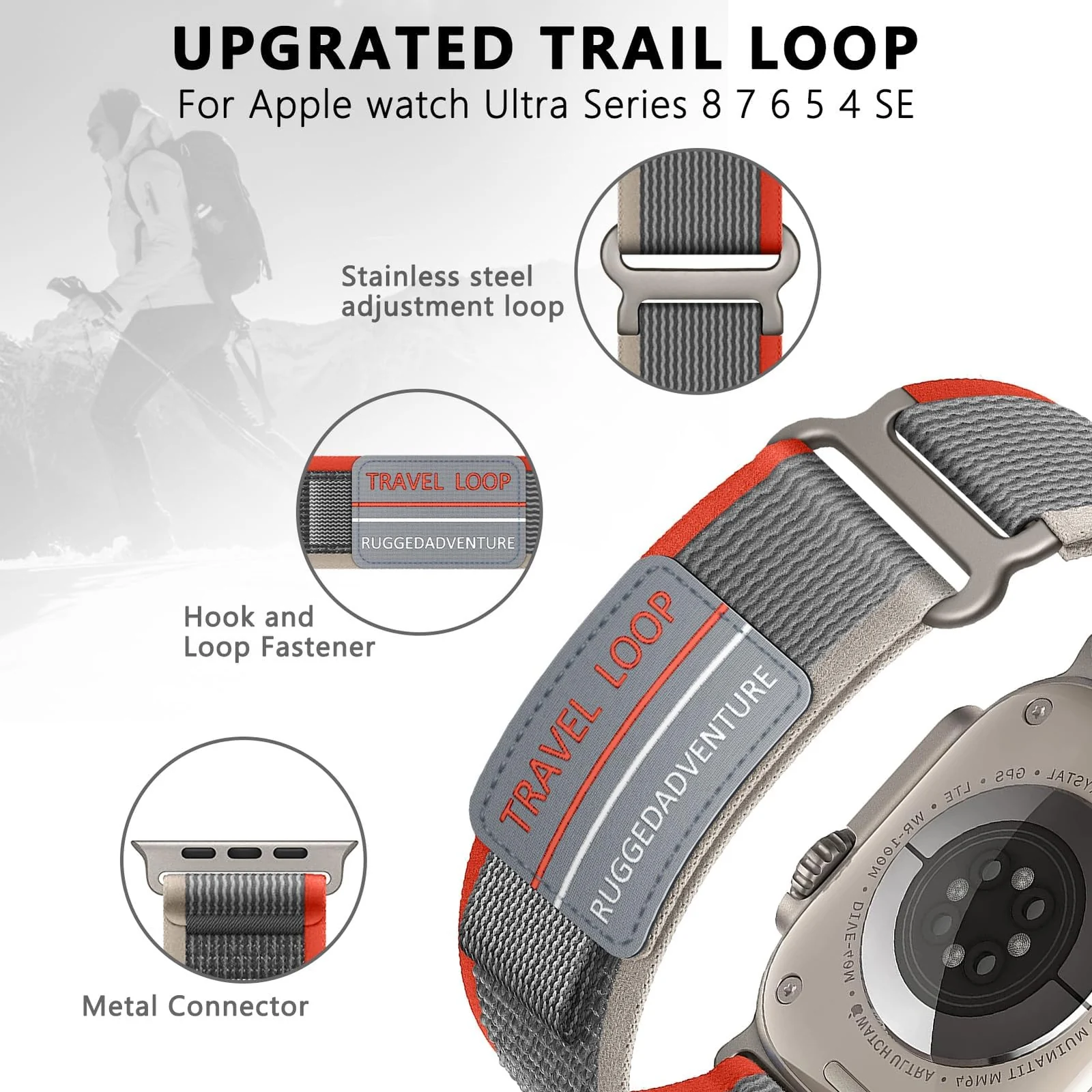 DL3 Mobilak Trail Loop Strap for Apple Watch Ultra Band 49mm 45mm 44mm 42mm iWatch Ultra Band Men Women, Rugged Sport Strap Soft Nylon Wristband for iWatch Ultra 2 Bands Series 9 8 7 6 5 4 3 2 1 SE - Grey Red