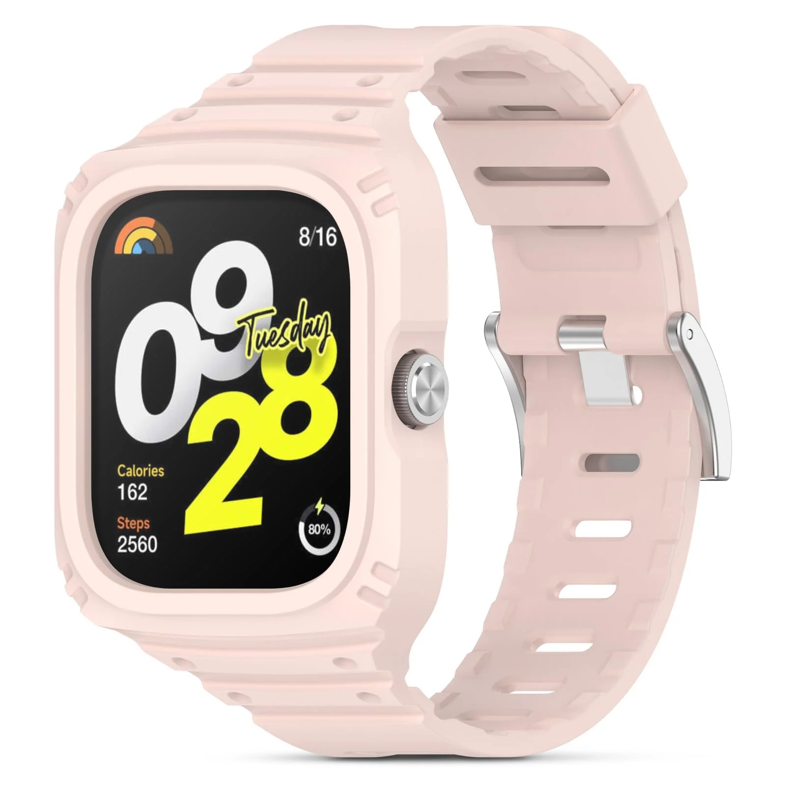DL3 Mobilak Strap With Cover Compatible with Xiaomi Redmi Watch 4, Silicone Sport Band Replacement Watchband with Bumper Case for Redmi Watch 4, Adjustable Wristband - Pink
