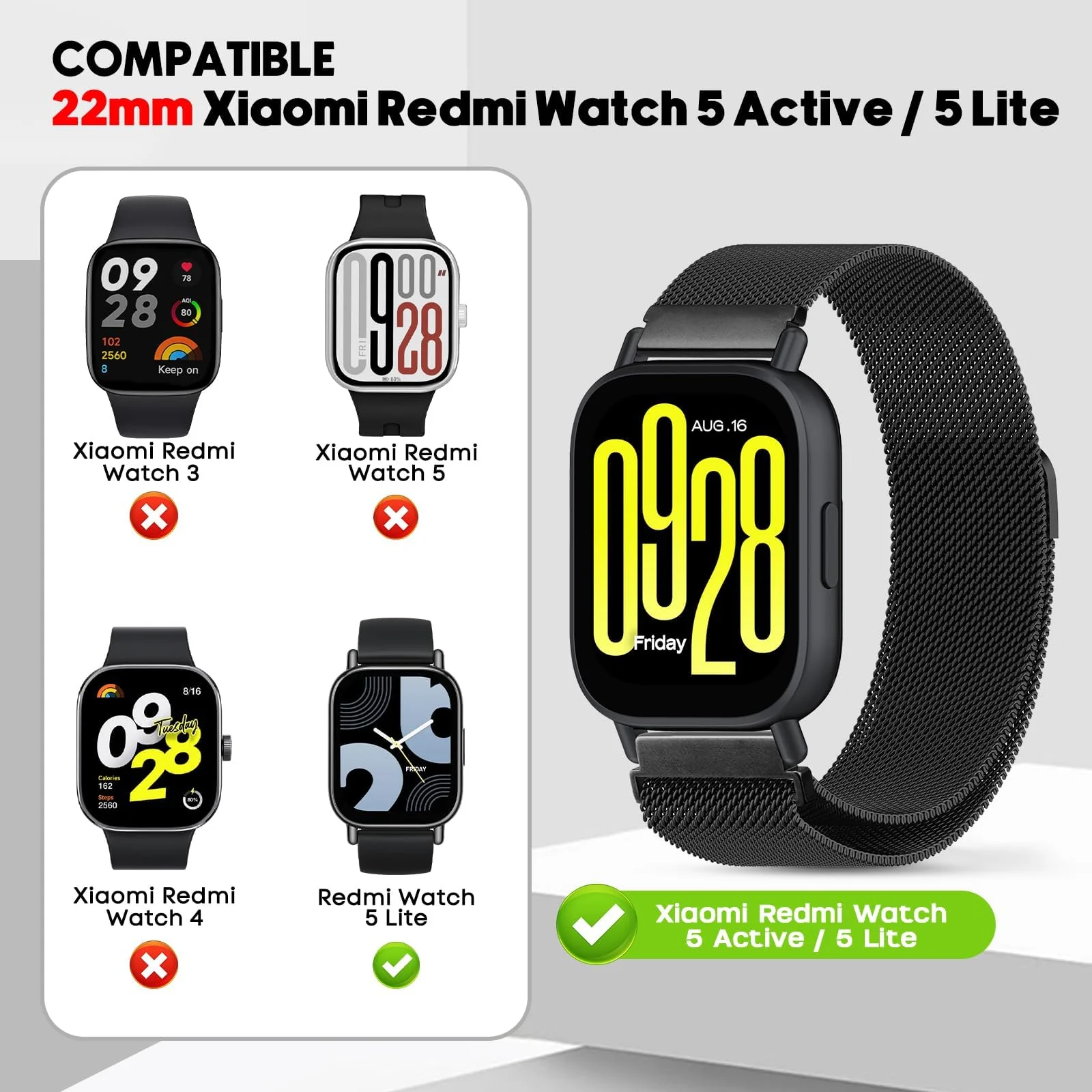 DL3 MOBILAK Milanese Magnetic Stainless-Steel Watch Strap for Xiaomi Redmi Watch 5 Lite and 5 Active - Black