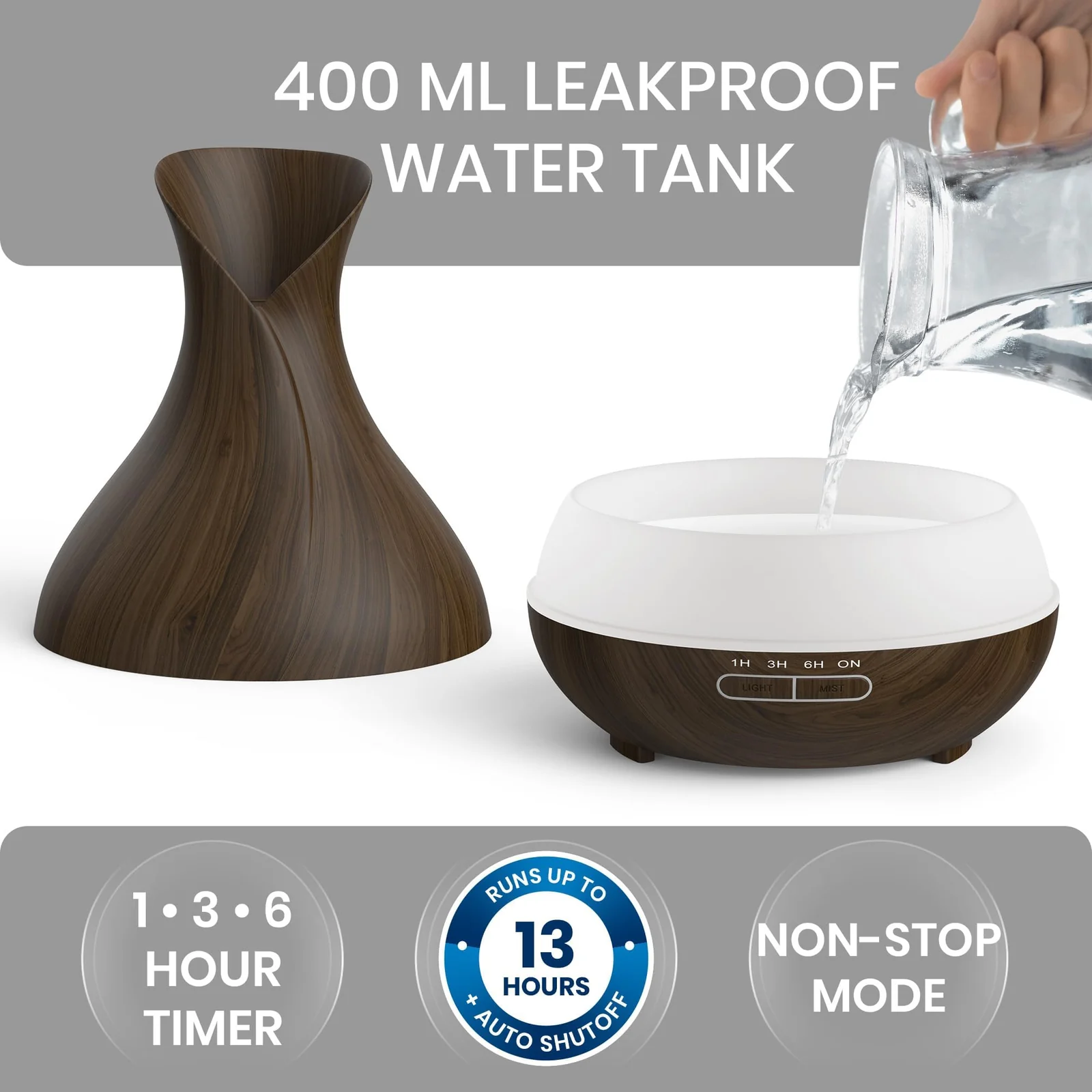 Mobigon Essential Oil Diffuser, Aromatherapy Diffuser 500ml with Remote Control, 4 Timer & Auto-Off Safety Switch, 7 Color LED Lights Mode, 10 Hours Quiet Humidifier for Bedroom - Dark Woody