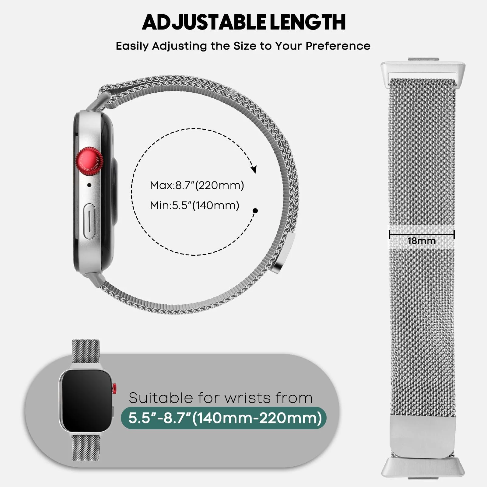 DL3 Mobilak Bracelet Compatible with Huawei Watch Fit 3, Stainless Steel Replacement Straps, Mesh Metal Watch Strap, Magnetic Adjustable Replacement Strap For Huawei Watch Fit3 - Silver