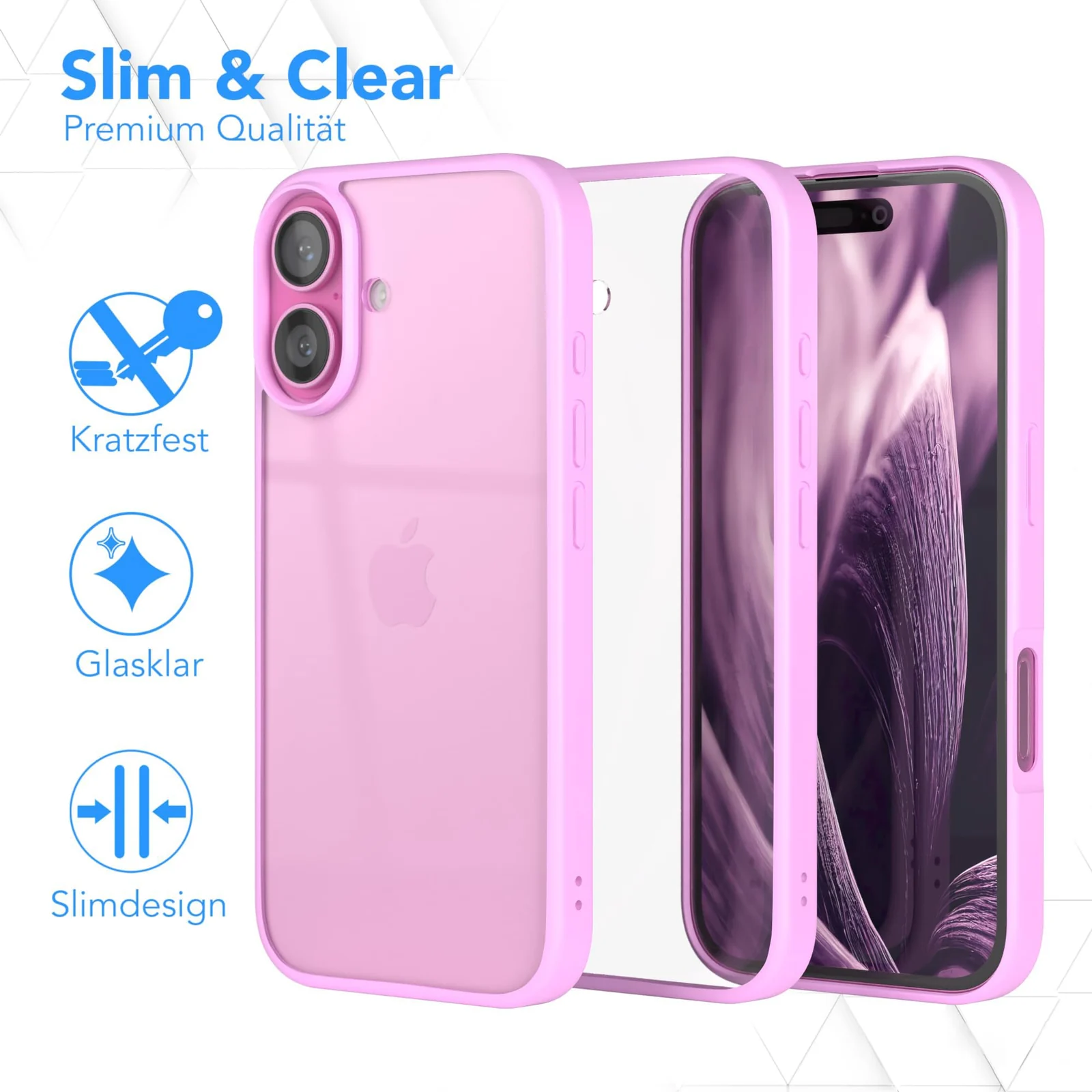 DL3 Mobilak Clear PC and TPU Protective Case for iPhone 16 with Military-Grade Protection and Anti-Yellowing Design - Pink