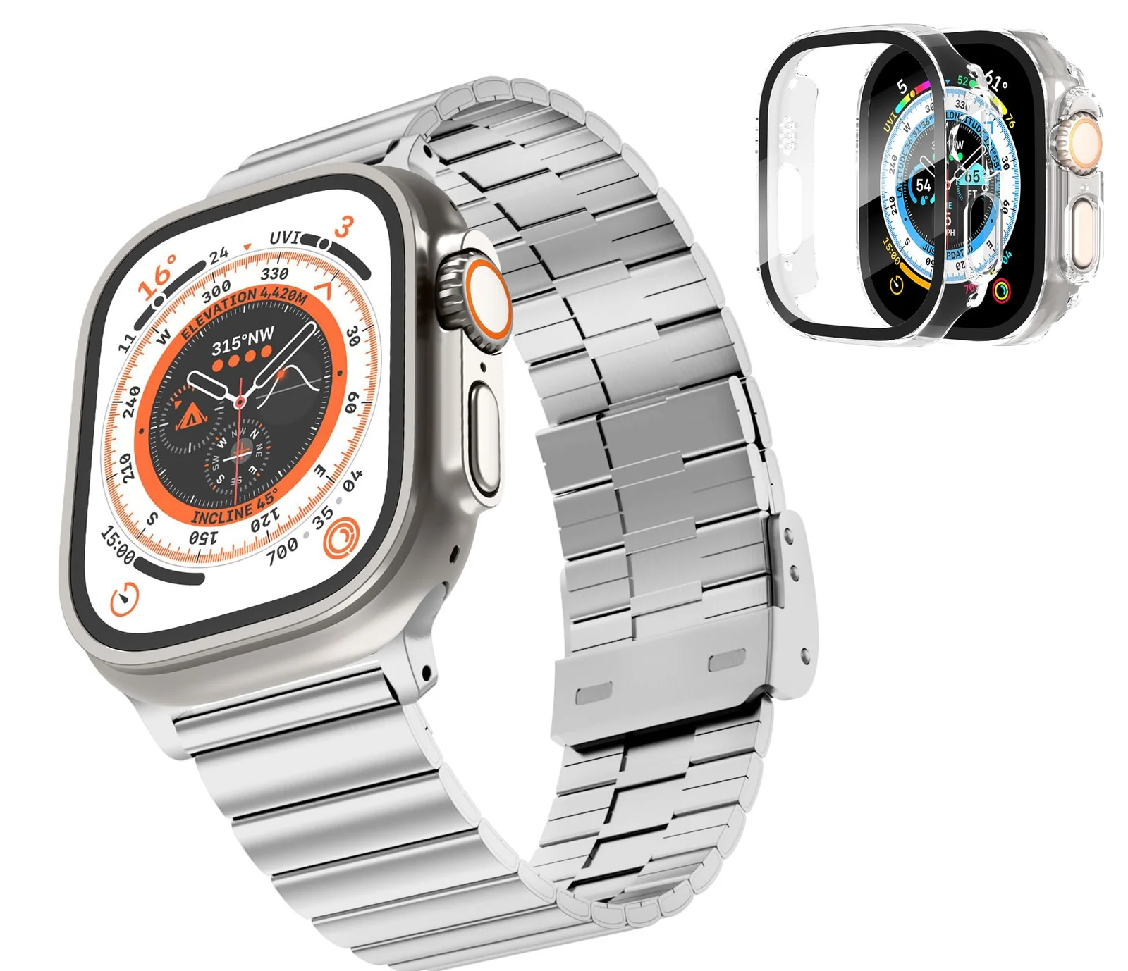 DL3 Mobilak Case with Strap For Apple Watch Ultra 2 49mm Stainless Steel Metal Straps, Hard PC Case With Glass Screen Protector Cover with Strap Bands for Apple Watch Ultra 49mm - Silver