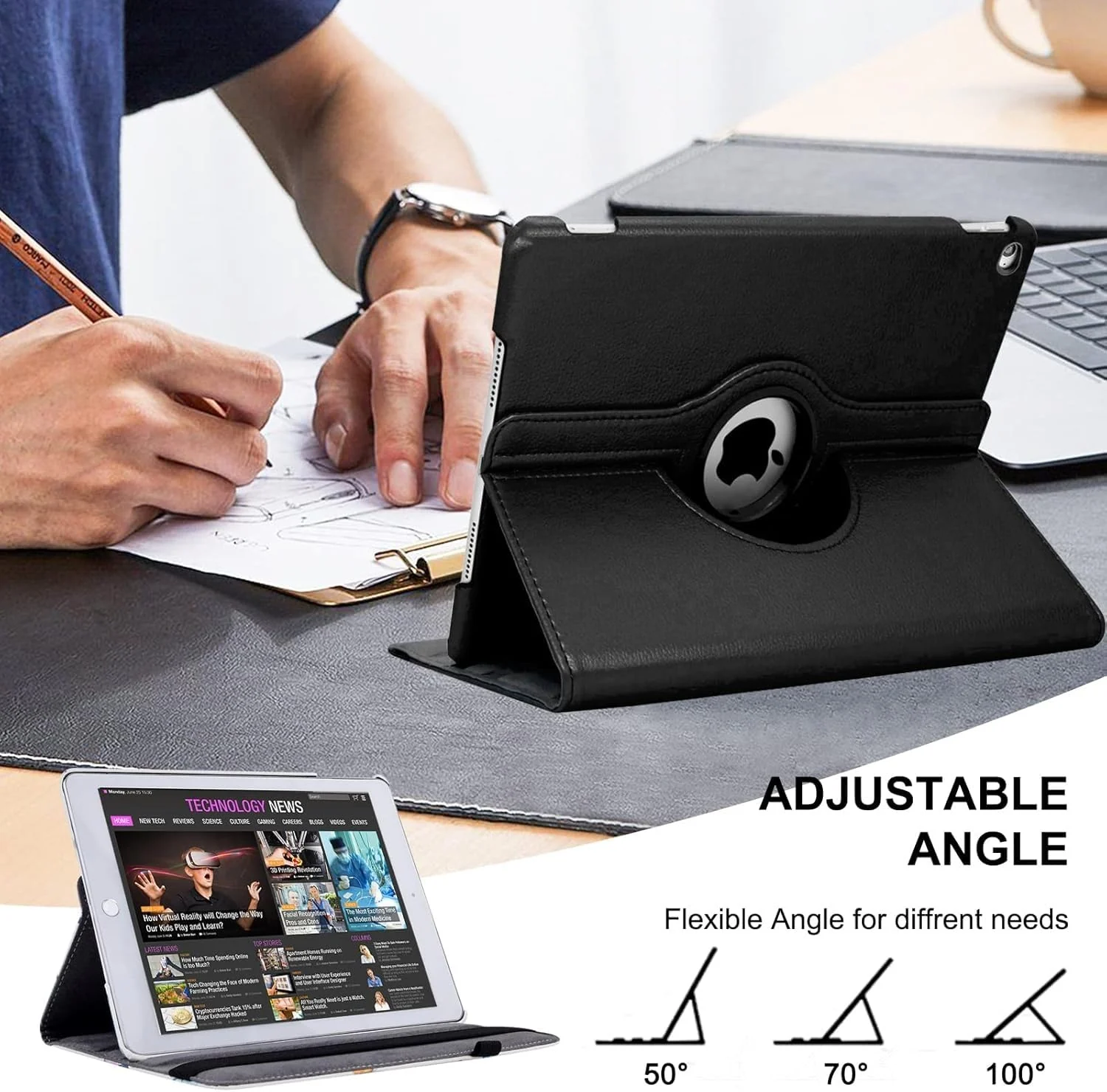 DL3 Mobilak Protective Cover for iPad 9.7 2018 2017 / iPad Air 2 / iPad Air, 360° Rotatable Smart Stand, Leather Folio Flip Cover with Multi-Angle Viewing, Auto Wake Sleep - Black