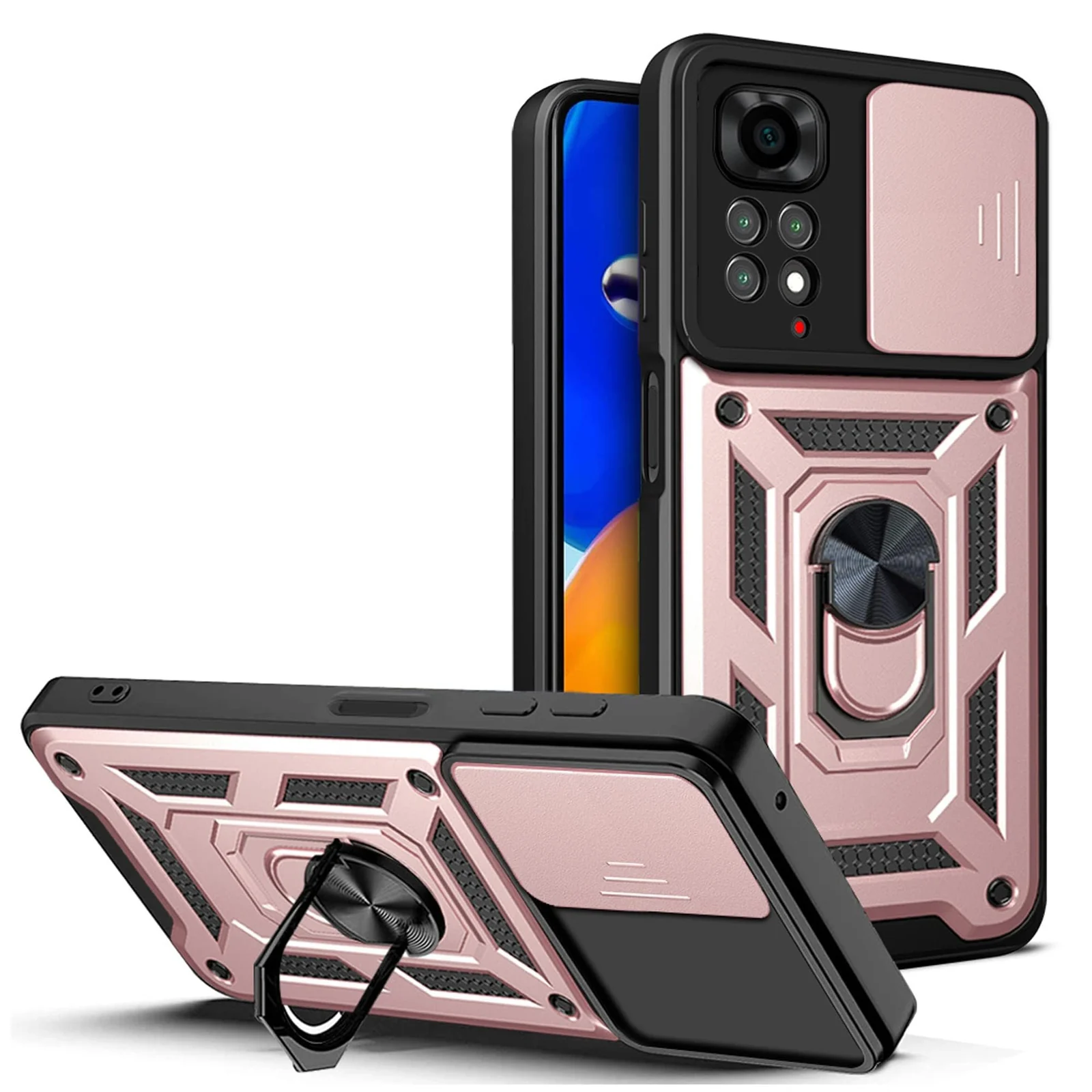 DL3 Mobilak Protective Case with Sliding Camera Cover, Metal Ring Kickstand and Magnetic Car-Mount Support for Xiaomi Redmi Note 12 Pro 4G / Redmi Note 11 Pro 4G&5G - Rose Gold