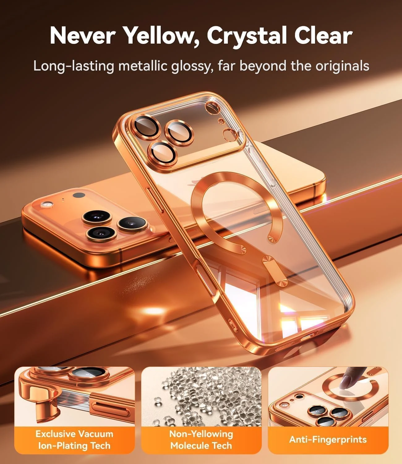 DL3 Mobilak Clear MagSafe-Compatible Magnetic Case for iPhone 17 Pro Max with Camera Protection and Magnetic Car-Mount Support - Orange