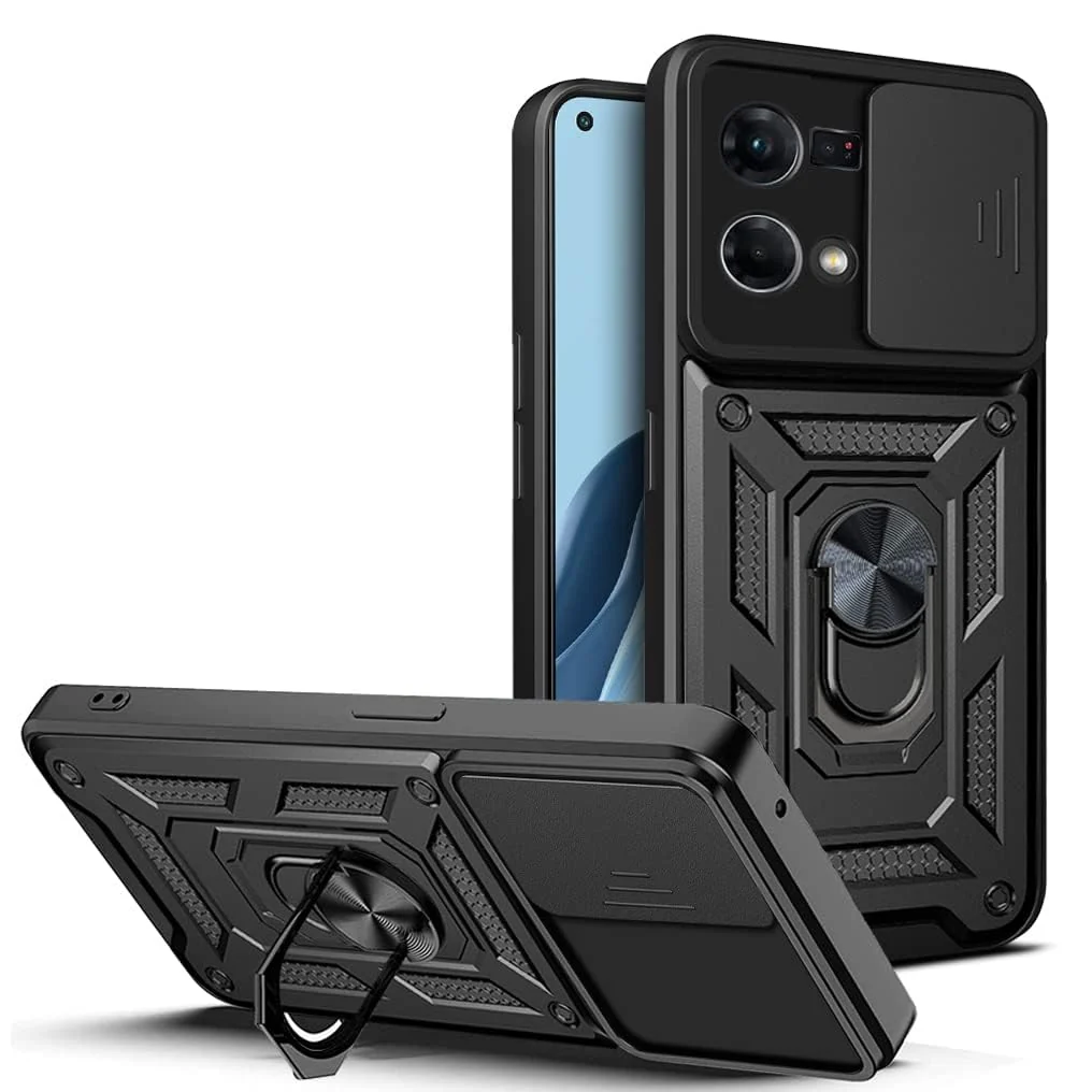 DL3 Mobilak Protective Case with Sliding Camera Cover, Metal Ring Kickstand and Magnetic Car-Mount Support for OPPO Reno 8 4G / Reno 7 4G / F21 Pro 4G / F21S Pro 4G - Black