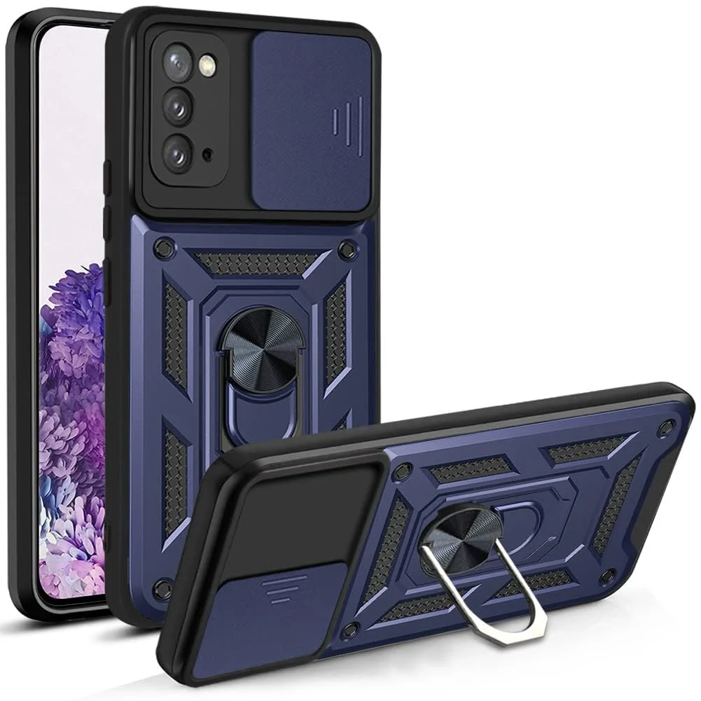 "DL3 Mobilak Military-Grade Protective Case with Sliding Camera Cover, Metal Ring Kickstand and Magnetic Car-Mount Support for Samsung Galaxy Note 20 5G (6.7"") - Blue"