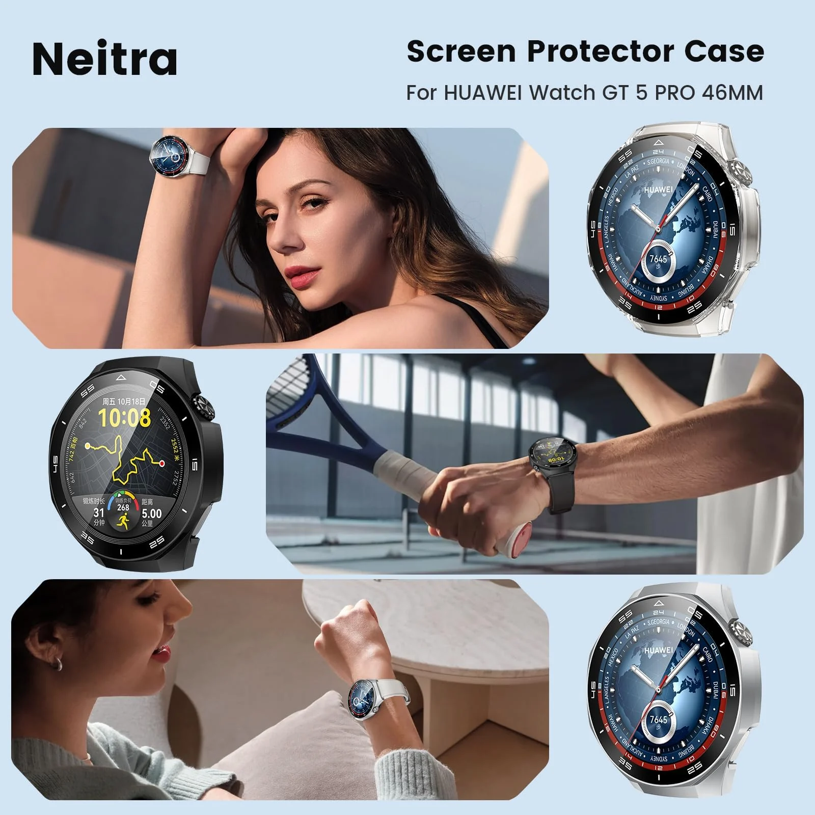 DL3 Mobilak Protective Case for Huawei Watch GT 5 Pro 46mm, Hard PC Bumper Cover with Built-in Tempered Glass Screen Protector Shell Cover Full Coverage with Scale for GT5 Pro 46 mm - White