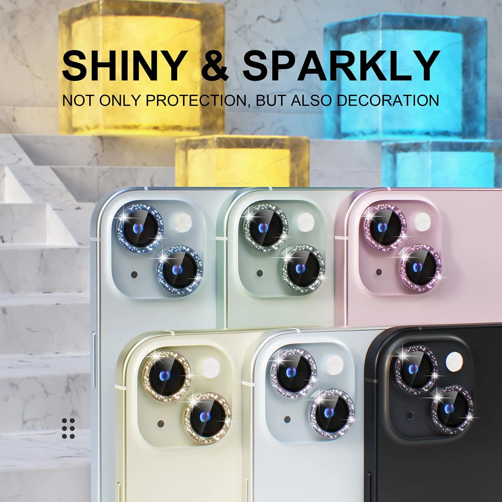 DL3 Mobilak Compatible with iPhone 15/15 Plus & iPhone 14/14 Plus Camera Lens Protector, Anti-Scratch HD Tempered Glass Lens Screen Protection Cover, Metal Individual Lens Ring - Glitter Blue