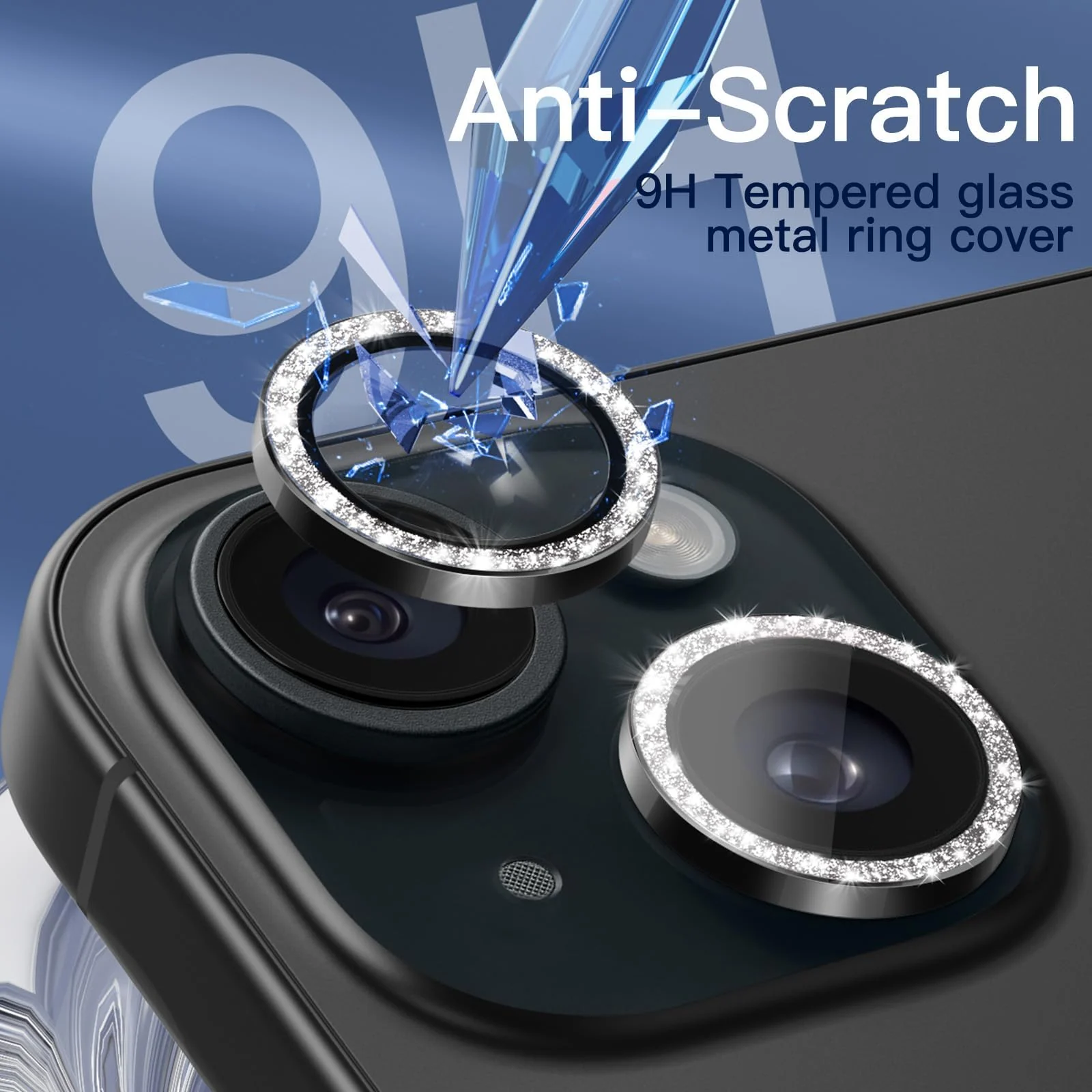 DL3 Mobilak Compatible with iPhone 15/15 Plus & iPhone 14/14 Plus Camera Lens Protector, Anti-Scratch HD Tempered Glass Lens Screen Protection Cover, Metal Individual Lens Ring - Glitter Black
