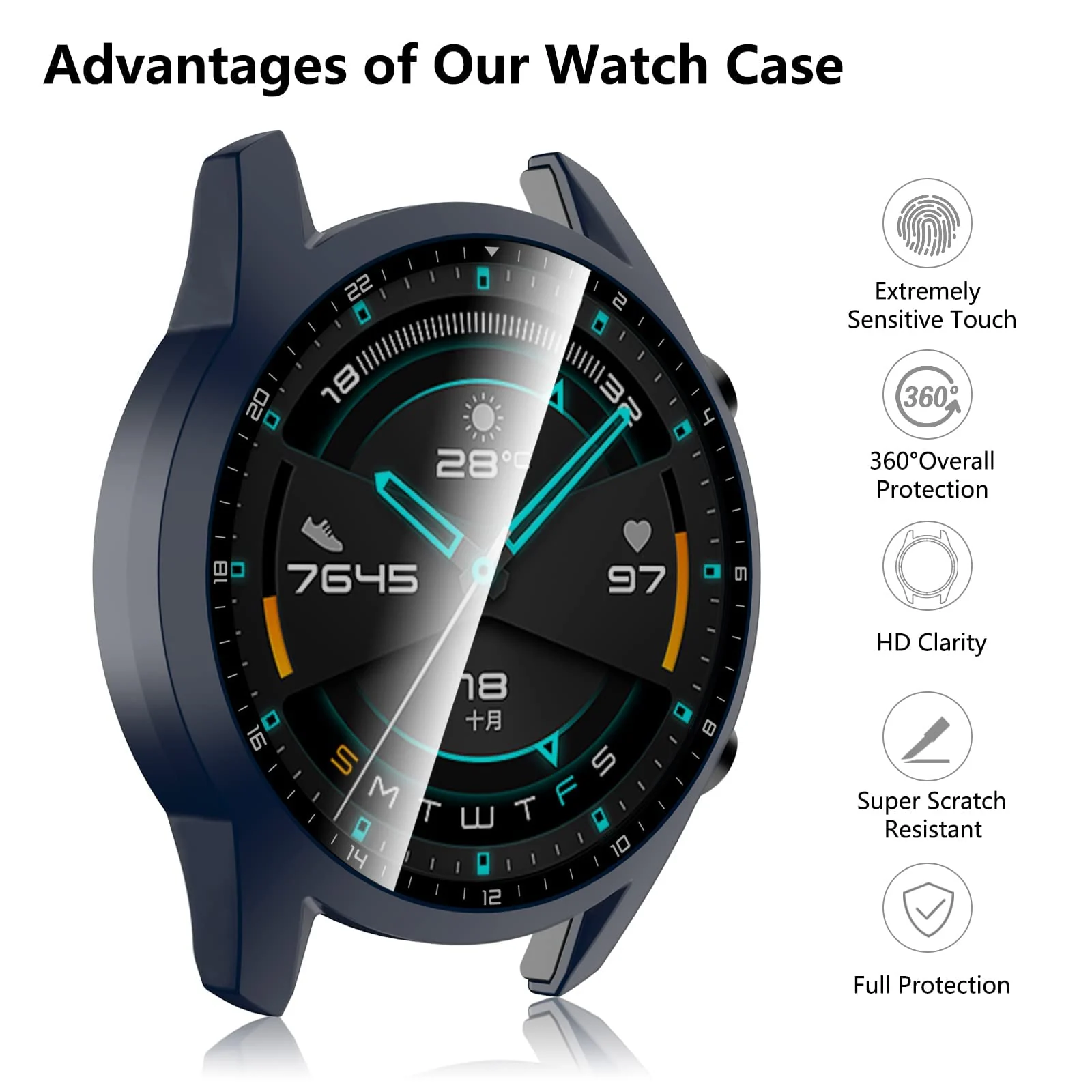 DL3 Mobilak Case Compatible with Huawei Watch GT2 46mm PC Cover with Bezel Tempered Glass Protection, Ultra Thin Full Protection for Huawei Watch GT 2 46 mm Protective Case - Blue