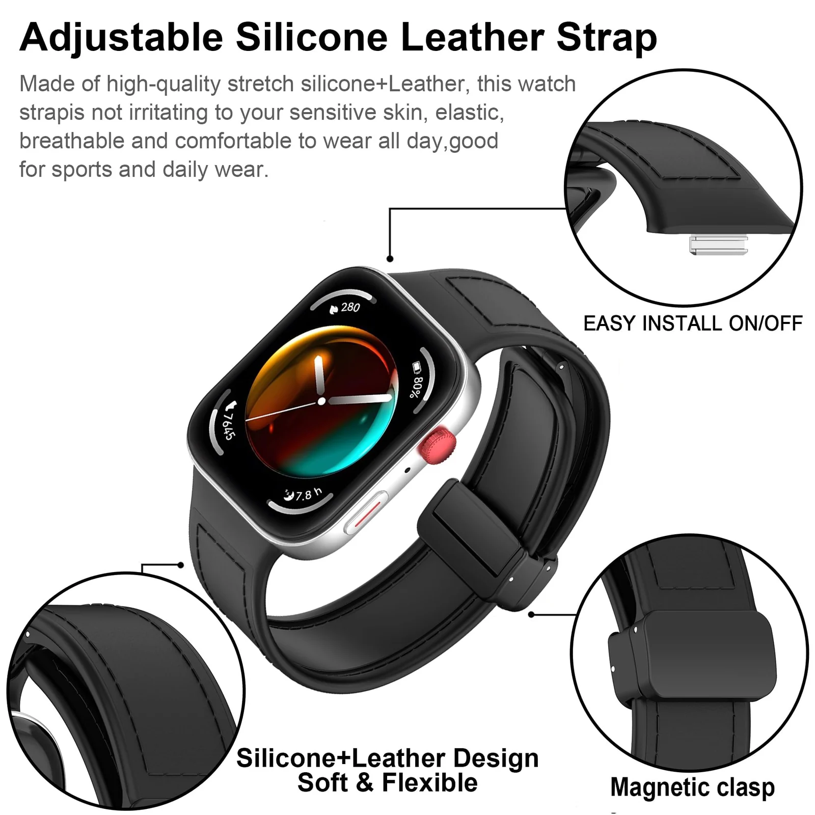 DL3 Mobilak Compatible with Huawei Watch Fit 5 / Fit 5 Pro / Fit4 / 4 Pro/Fit 3 Strap for Women Men, Soft Flexible Leather Silicone Hybrid Sport Wristband Magnetic Buckle Bracelet Replacement Strap - Black