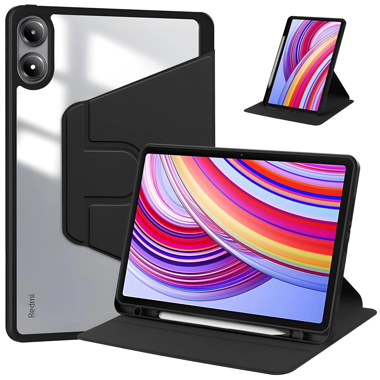 DL3 Mobilak Case for Xiaomi Redmi Pad Pro 12.1 Inch 2024/Xiaomi Poco Pad 12.1 Inch, 360° Rotation Multi-angle Stand Slim Cover PU leather + Transparent Acrylic case with Pen Holder Auto Wake/Sleep - Black