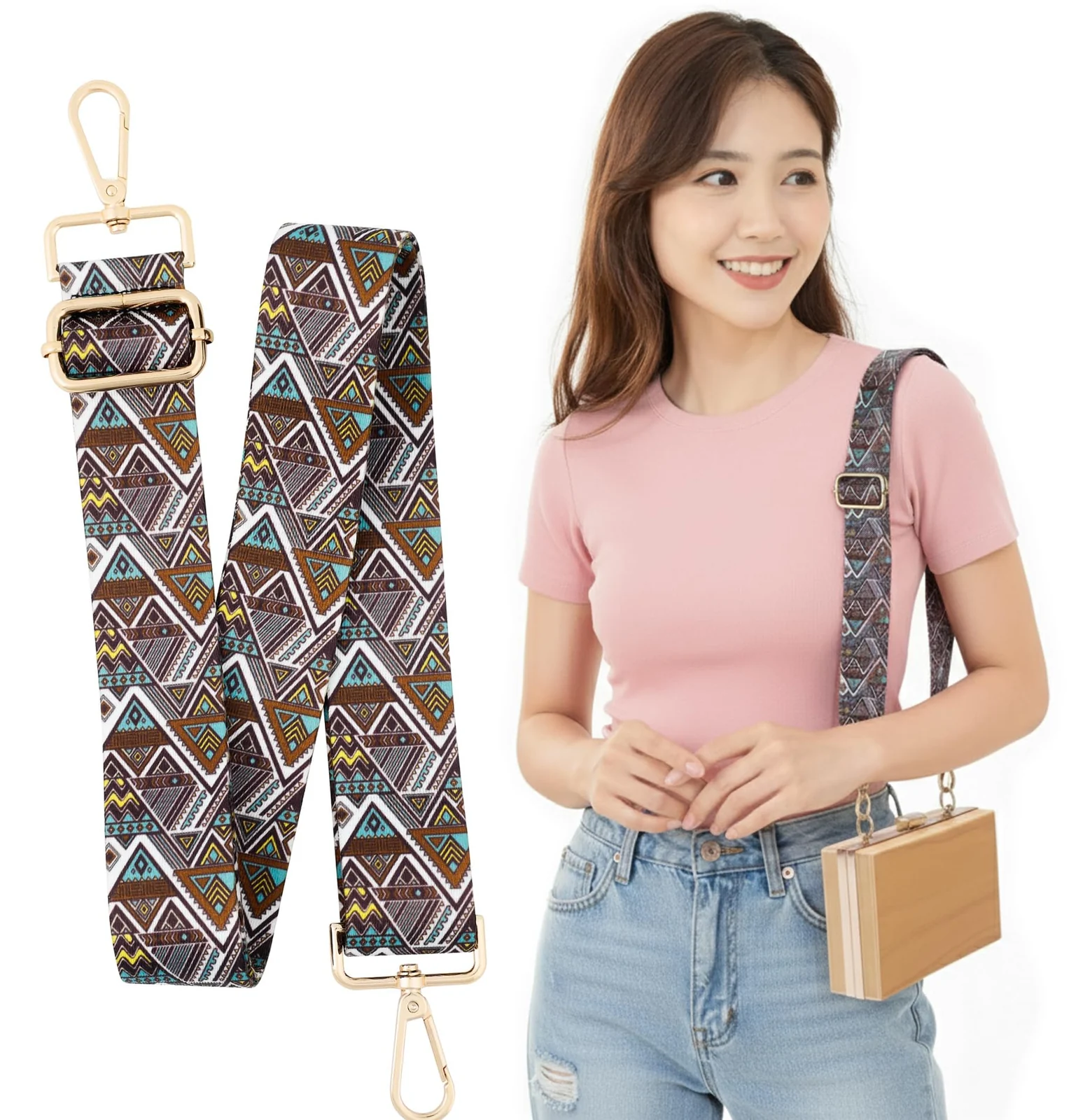DL3 Mobilak Adjustable Wide Crossbody Bag Strap for Women, Replacement Shoulder Strap for Handbags, Totes & Purses with Elegant Embroidered Pattern and Metal Hooks - Brown Yellow