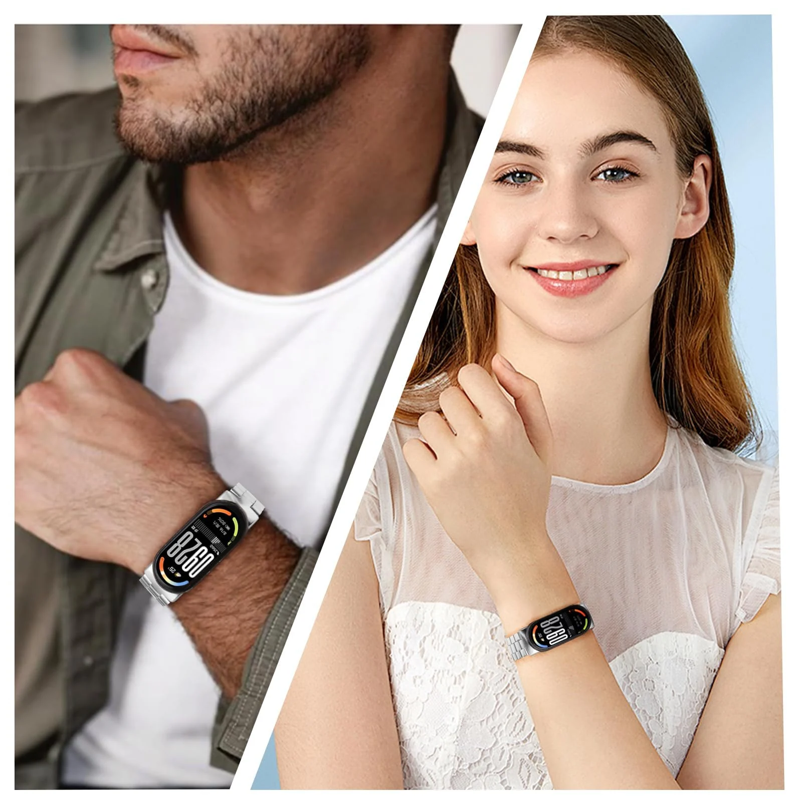 MOBIGON Stainless Steel Bracelet Strap with Double-Folding Clasp for Xiaomi Smart Band 8 / 9 / 10, Silver
