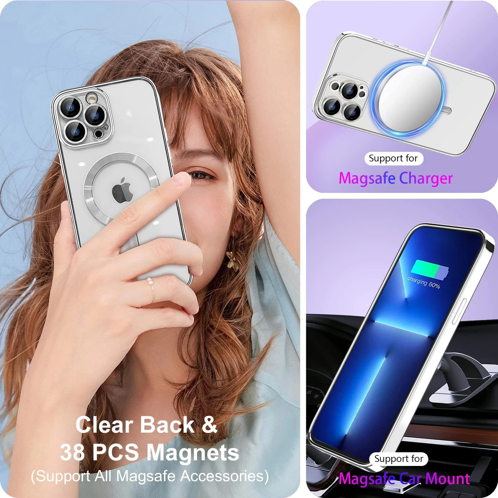 DL3 Mobilak Glitter Protective Case for iPhone 15 Pro 6.1-Inch, Compatible with MagSafe accessories, Camera protection, Shock-absorbing protection - Silver