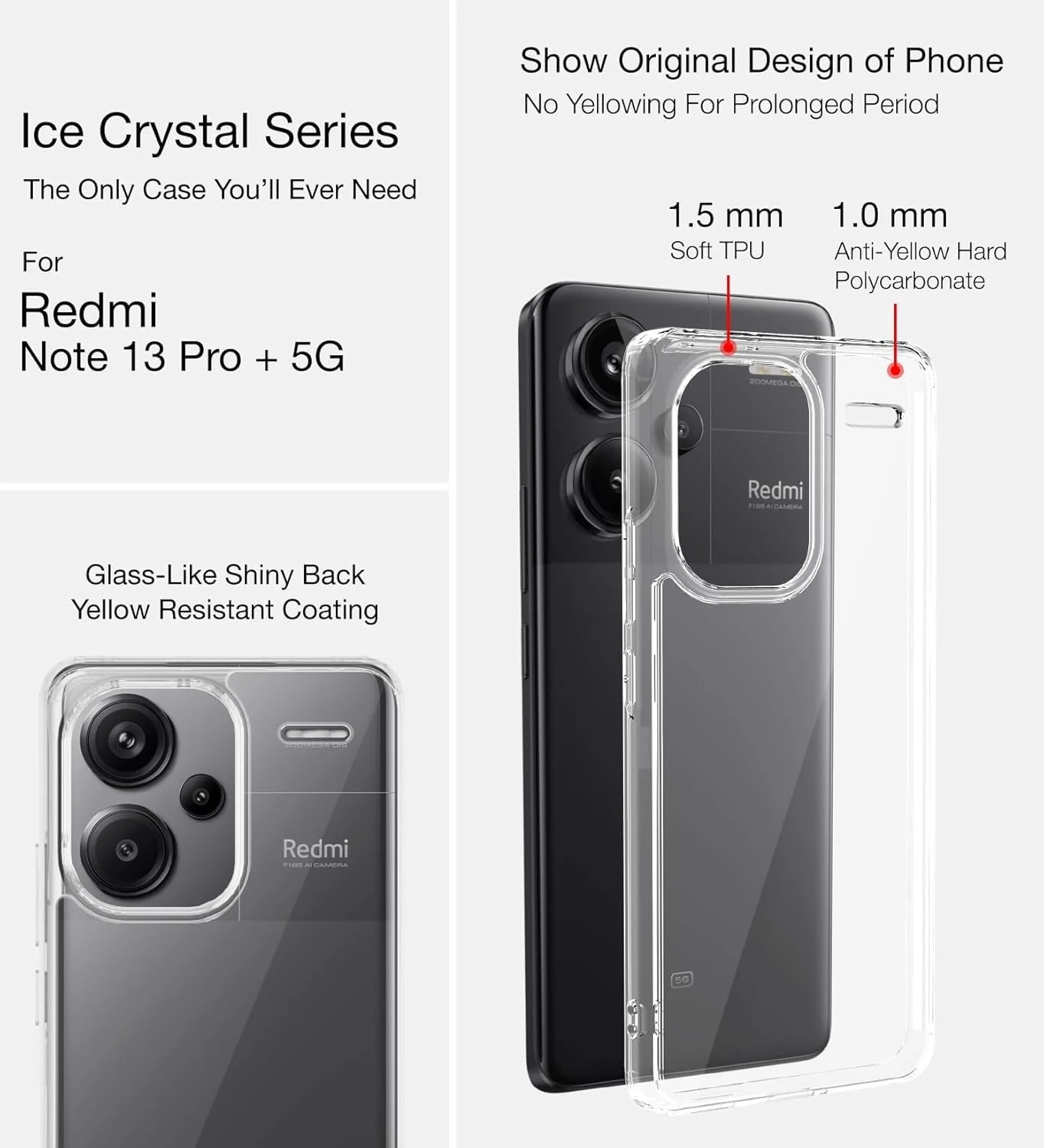 DL3 Mobilak Case Compatible with Xiaomi Redmi Note 13 Pro+ Plus 5G Case Crystal Soft TPU Gel Case Flexible Silicone Anti-Scratch TPU Cover - Clear