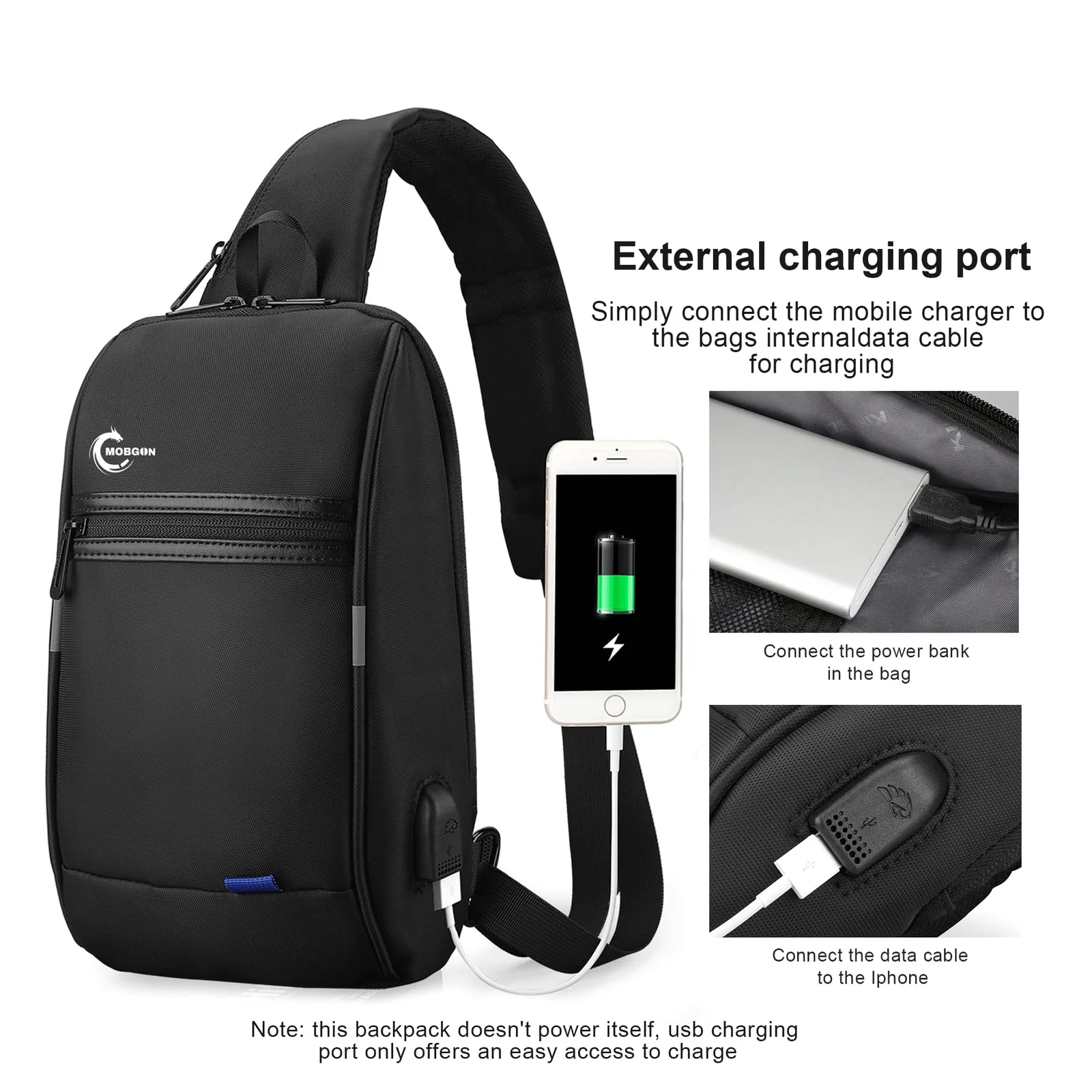 Mobigon Mini Sling Bag Hiking Daypack for Men with USB Port, Fits 9.7” iPad, Waterproof Little Crossbody Travel Shoulder Bag, Small Anti-Theft Backpack for Camping, Traveling, Commuting - Black