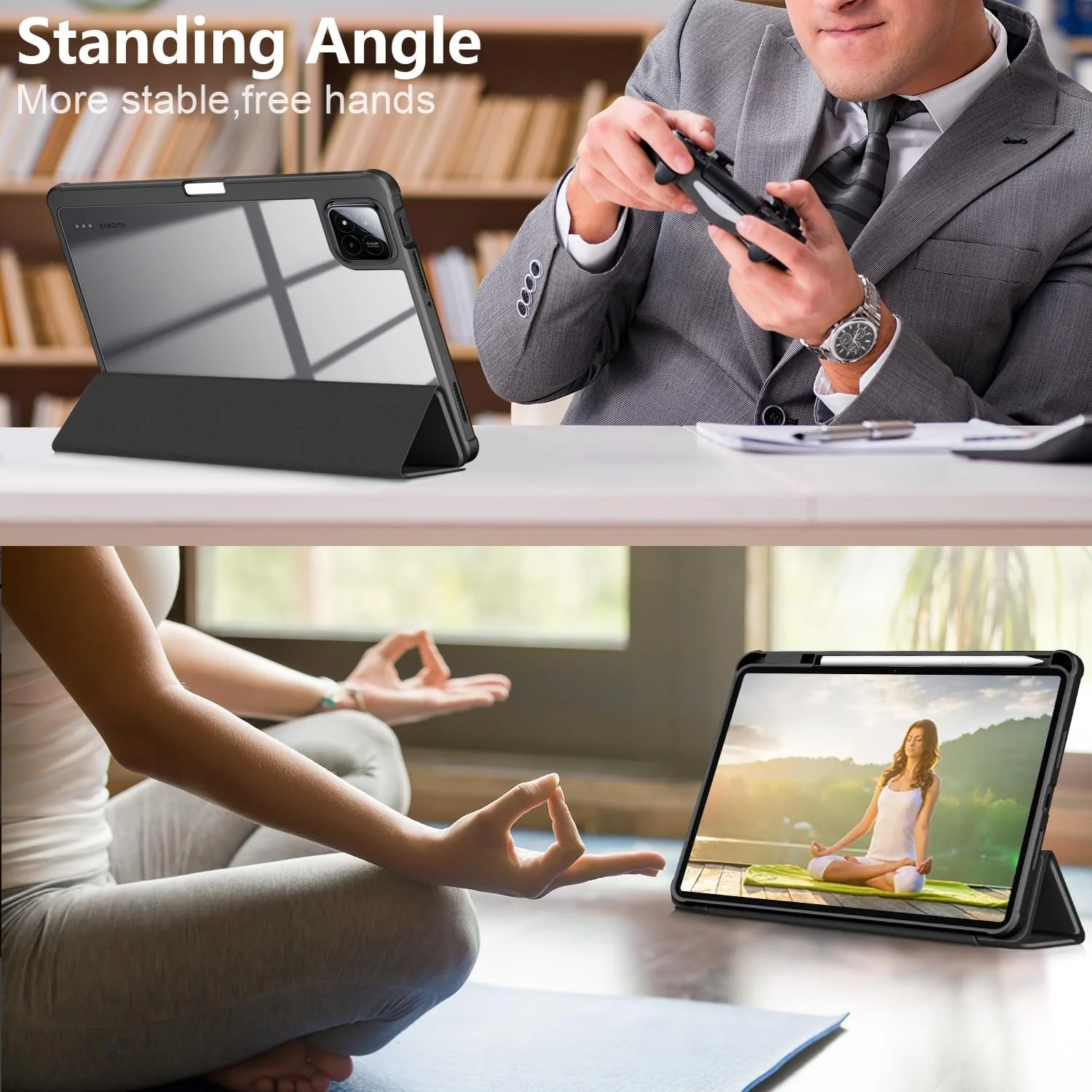 DL3 Mobilak Case for Xiaomi Pad 7 / Xiaomi Pad 7 Pro 2024 11.2 inch, Clear Shockproof Back Cover Built-in Pencil Holder, Auto Sleep/Wake - Black